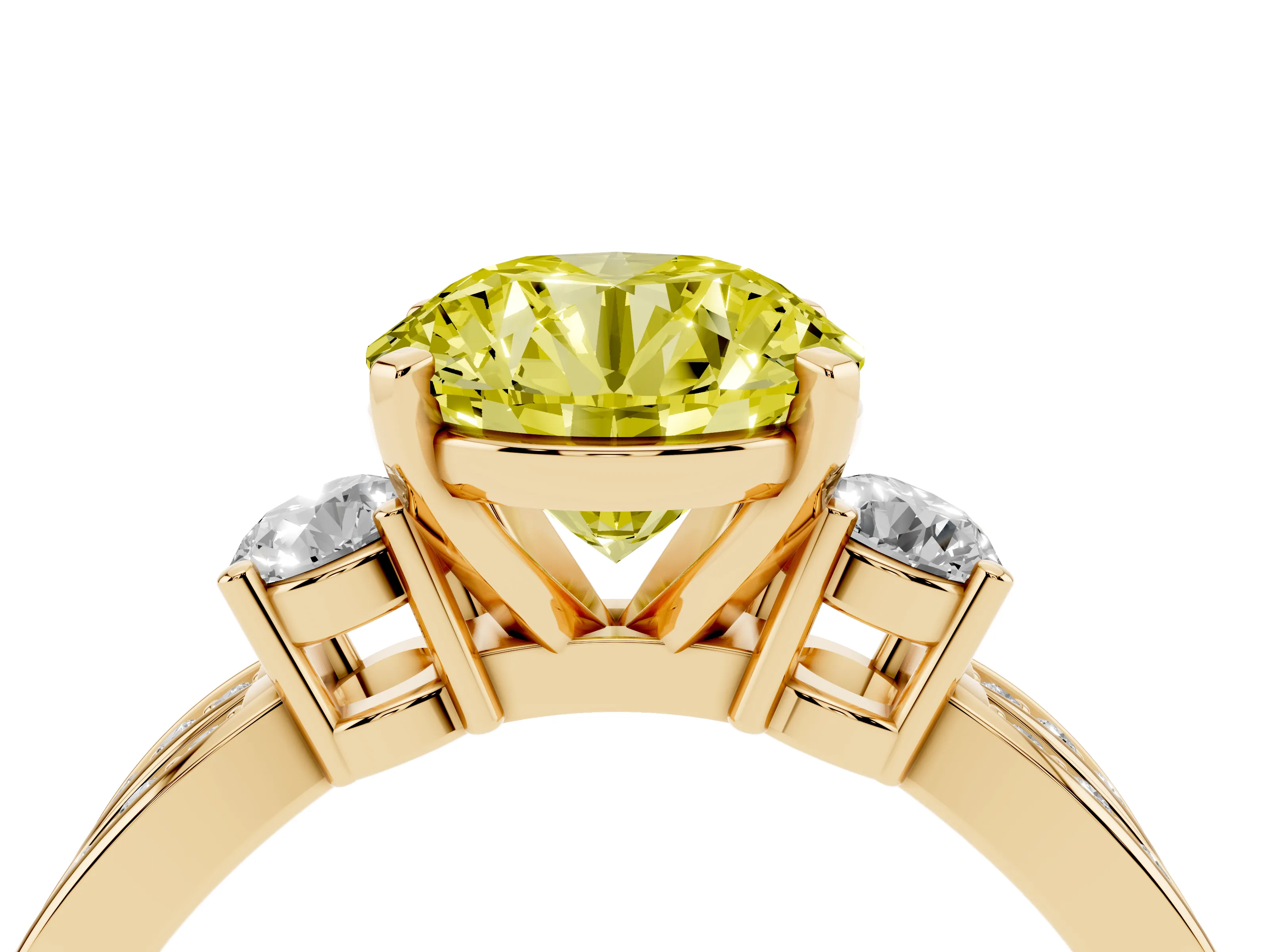 Fancy Yellow Three-Stone Round Cut Diamond Twist Band Ring Set in Yellow gold with Pavé Accents and Prong Setting