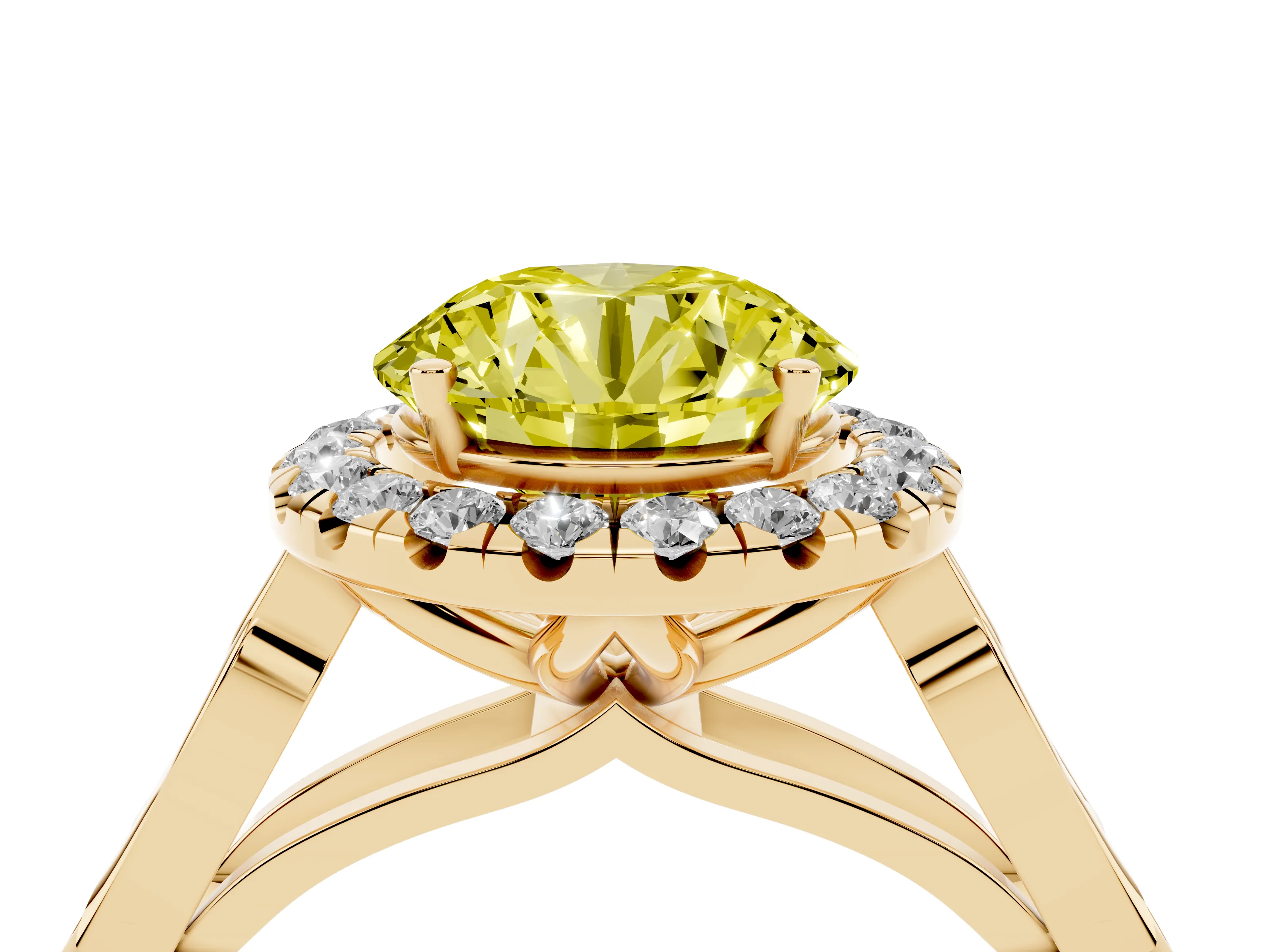 Fancy Yellow Round Cut Diamond Halo Engagement Ring Set in Yellow gold with Filigree Band and Prong-Set Center