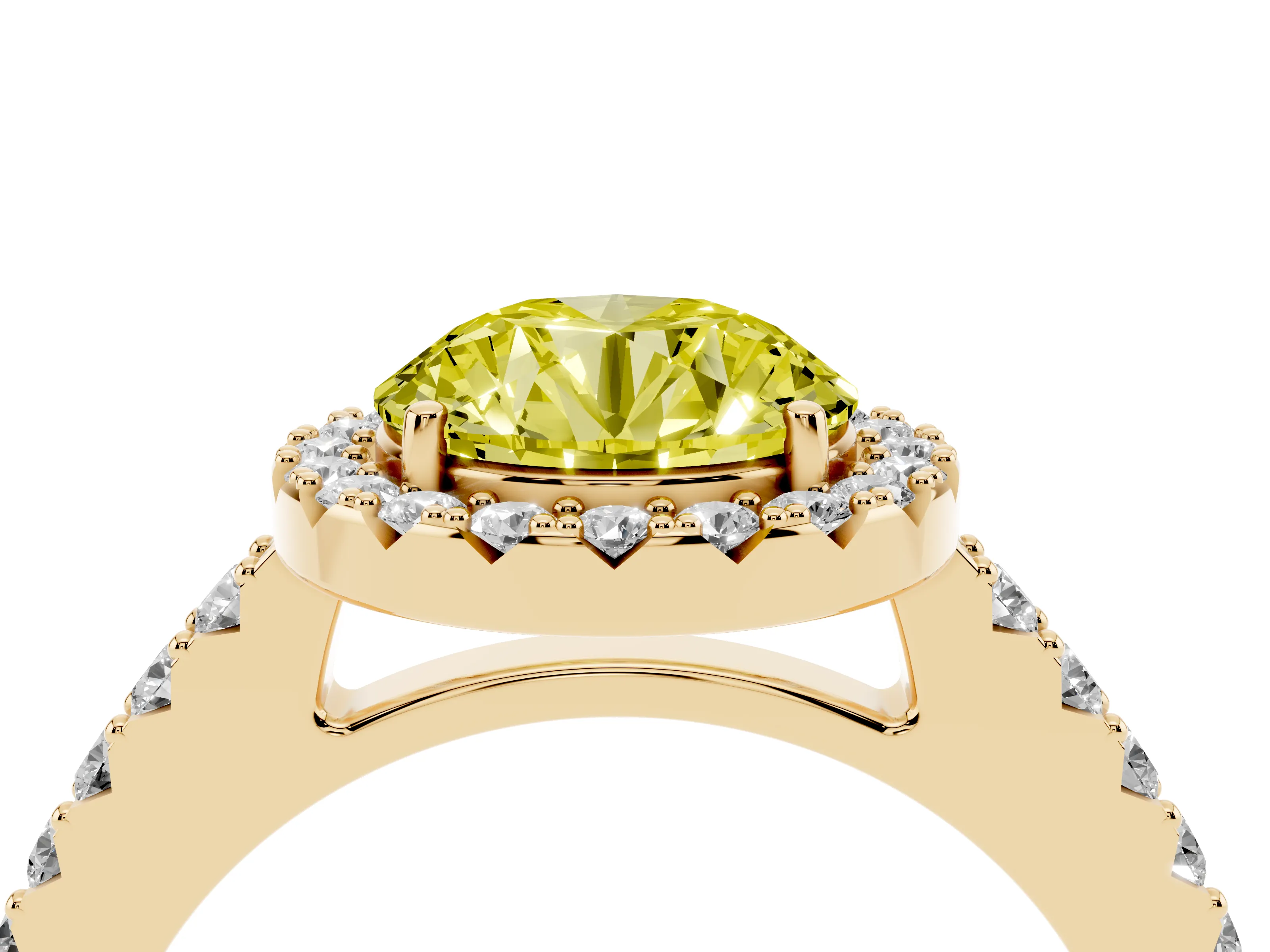Fancy Yellow Round Cut Diamond Halo Pavé Solitaire Ring Set in Yellow gold with Prong-Set Center Stone