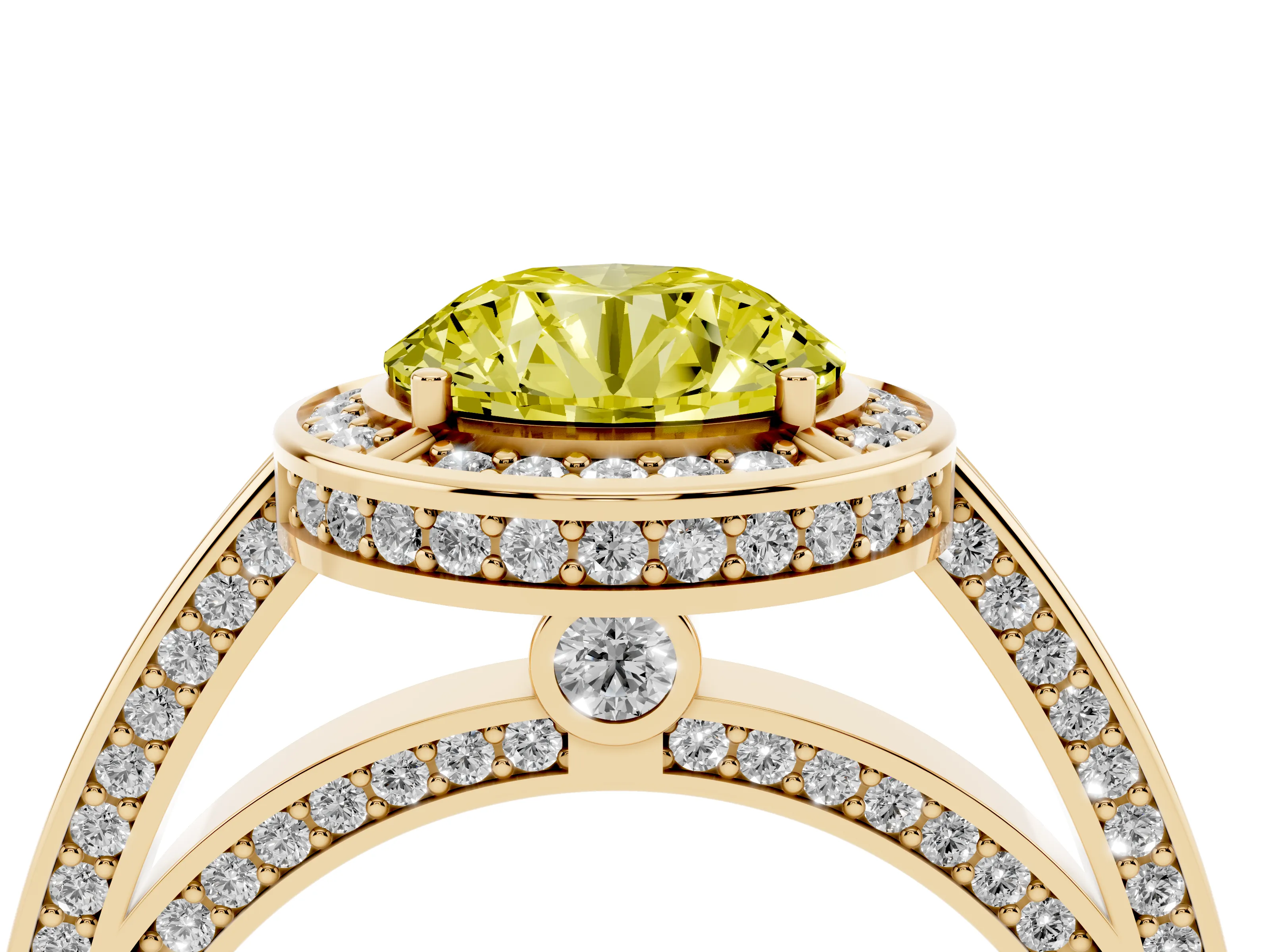 Fancy Yellow Round Cut Diamond Halo Pavé Split Shank Ring Set in Yellow gold with Prong Setting