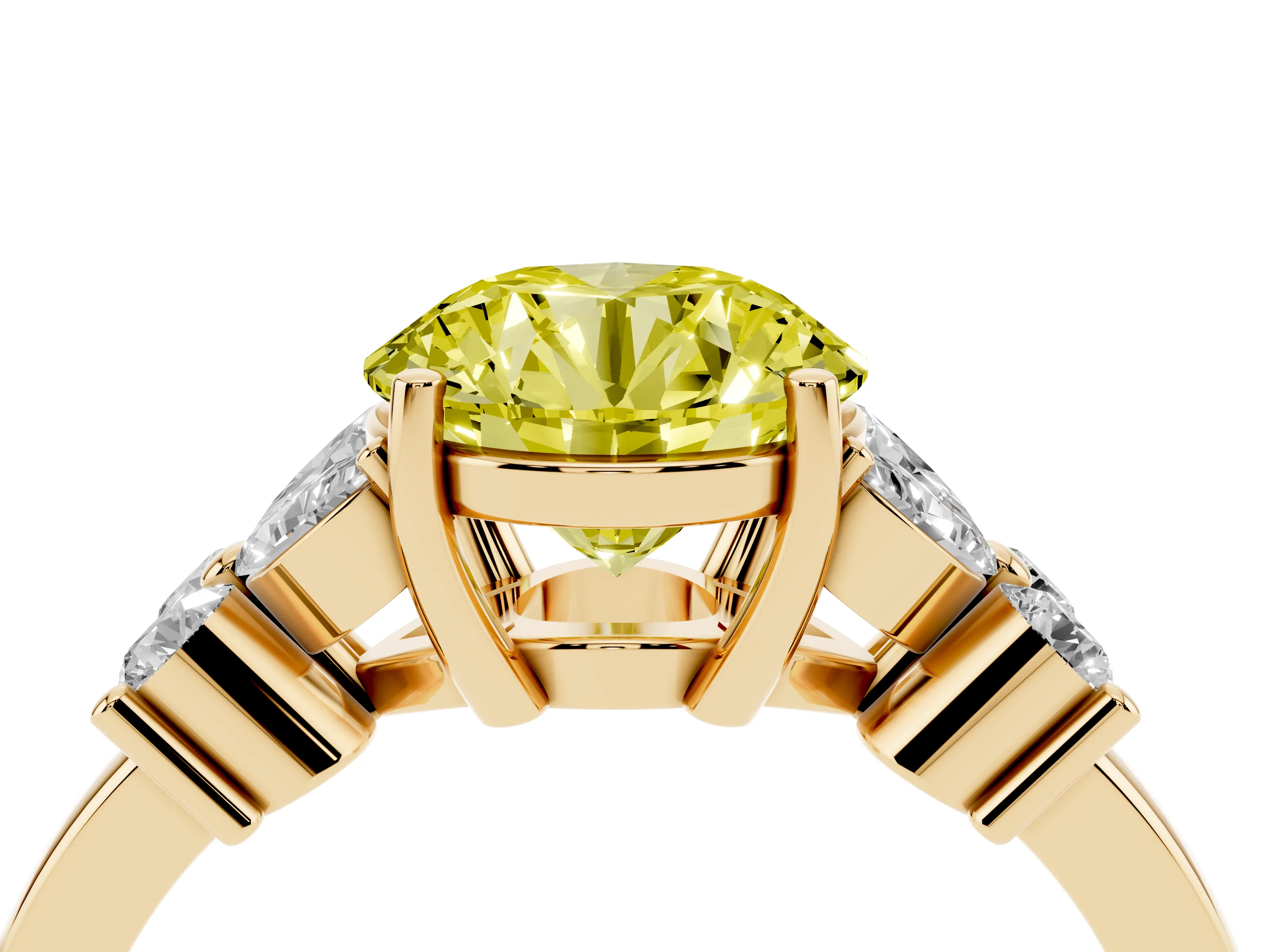 Fancy Yellow Round Cut Diamond Floral Cluster Ring Set in Yellow gold with Marquise Petals and Prong Setting