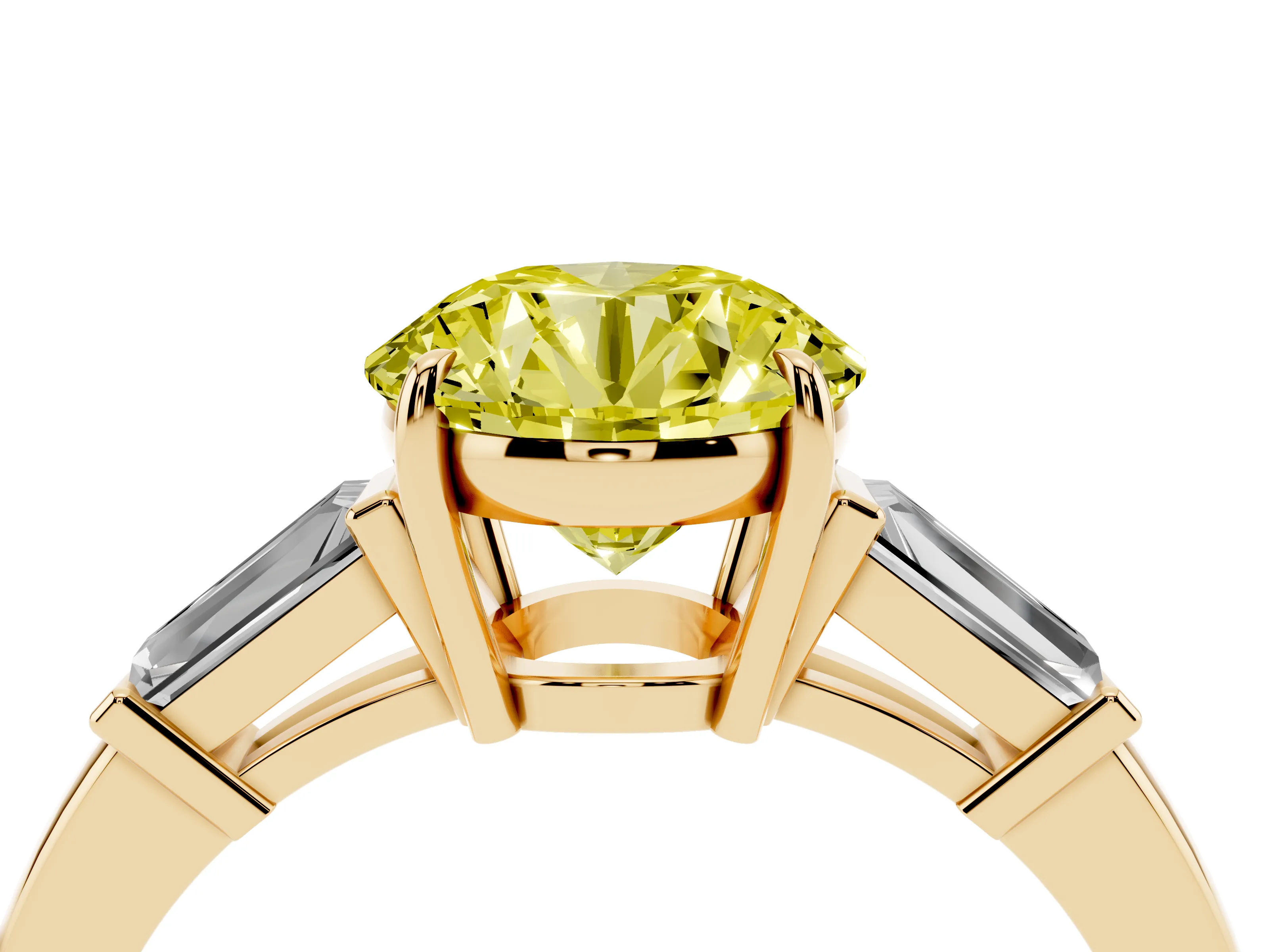 Fancy Yellow Round Cut Diamond Three-Stone Ring Set in Yellow gold with Tapered Baguette Side Stones and Prong Setting
