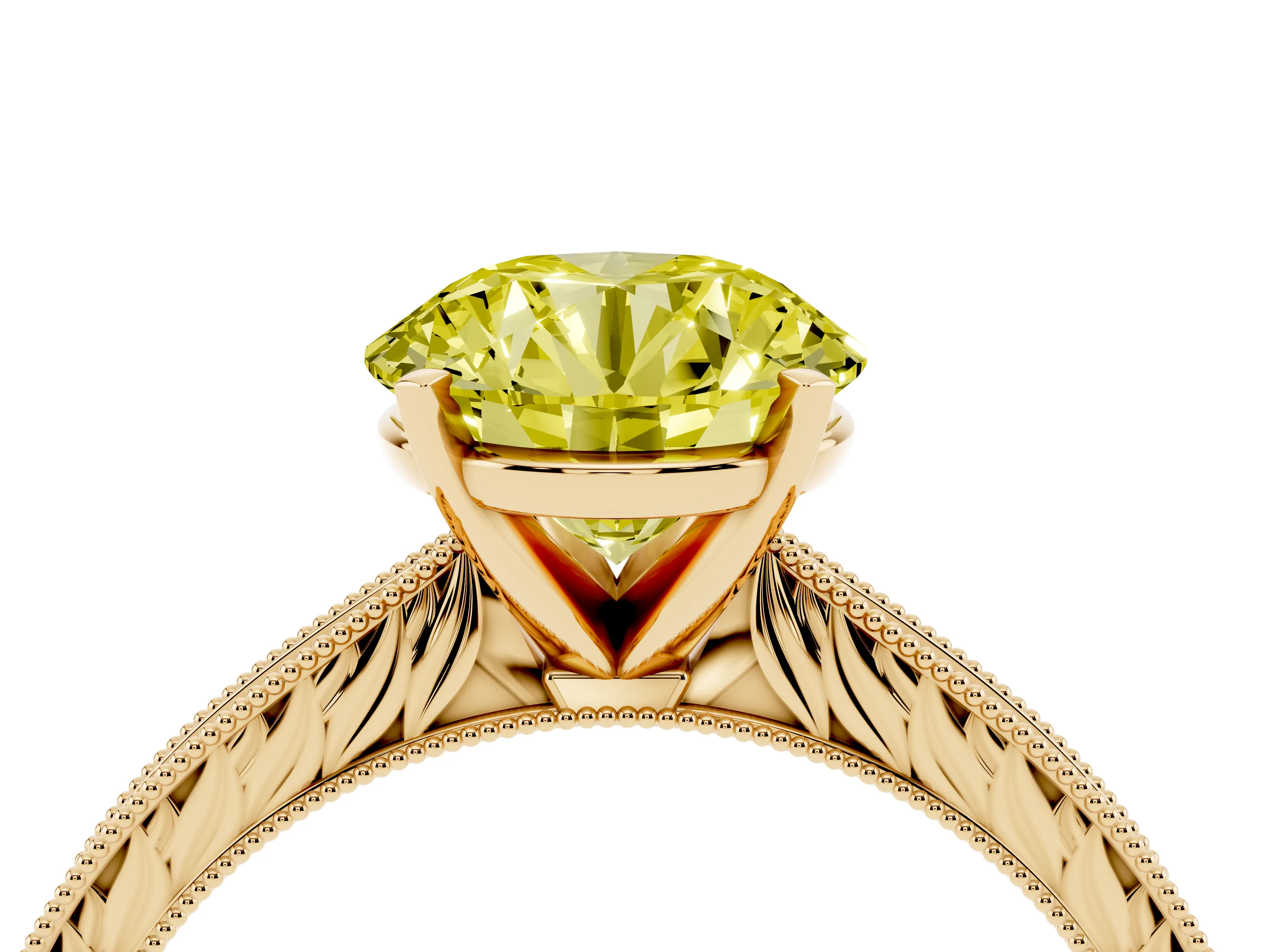 Fancy Yellow Round Cut Diamond Solitaire Milgrain Engraved Band Set in Yellow gold with Prong Setting