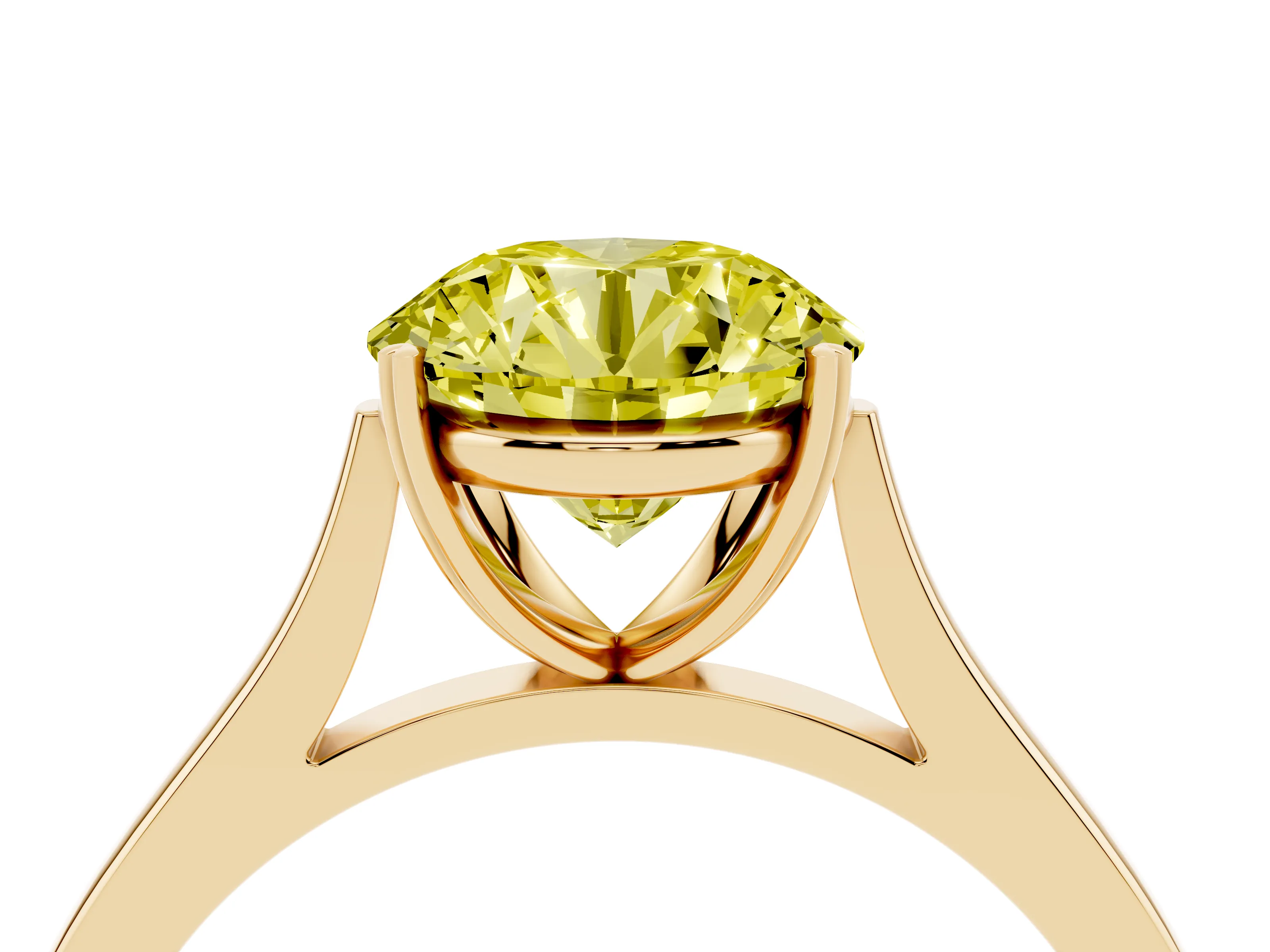 Fancy Yellow Round Cut Diamond Solitaire Heart Prong Engagement Ring Set in Yellow gold with Tapered Band