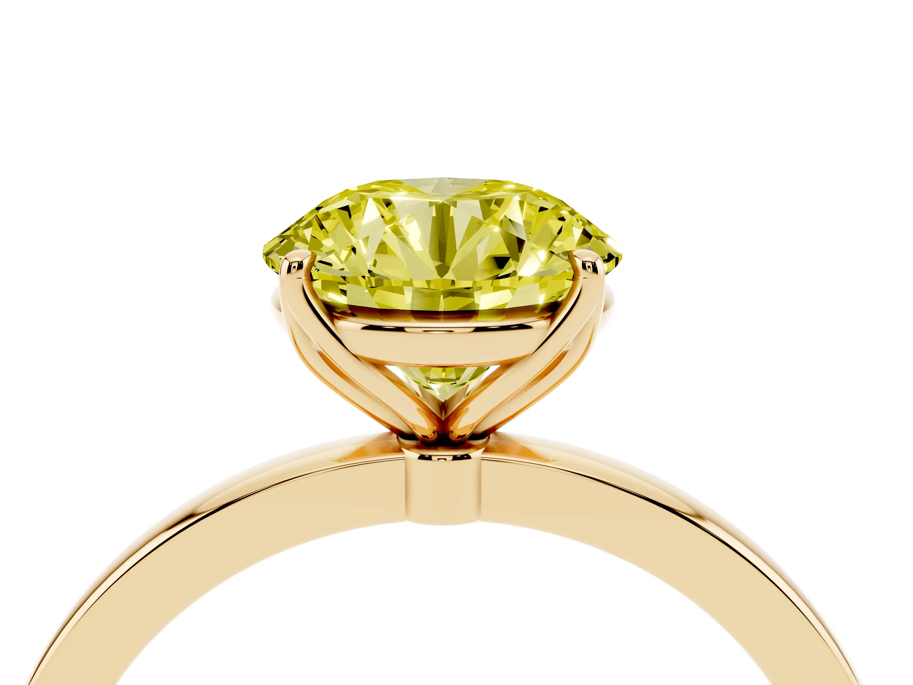 Fancy Yellow Round Cut Diamond Solitaire Ring Set in Yellow gold with Prong Setting and Thin Polished Band