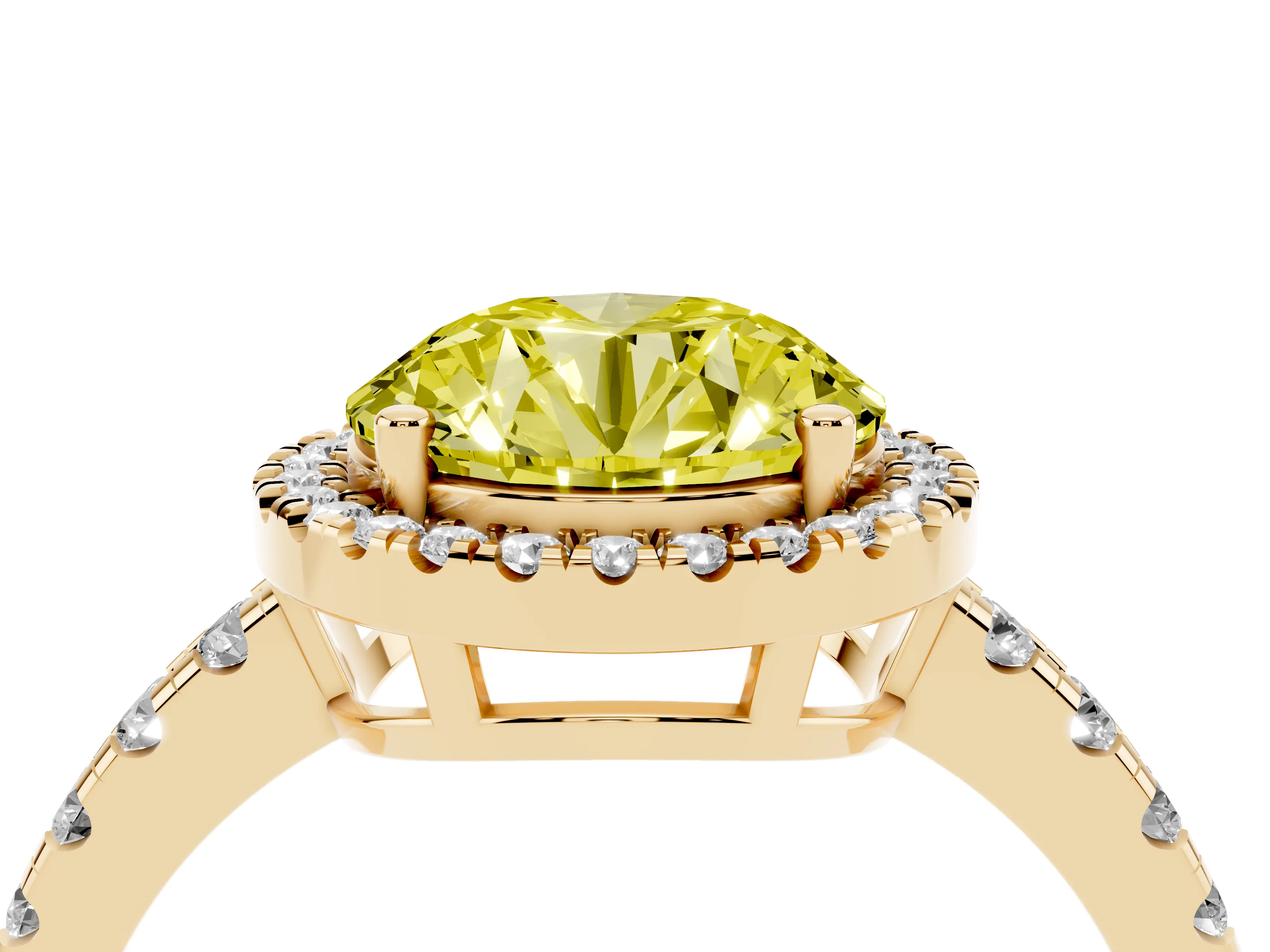 Fancy Yellow Round Cut Diamond Halo Ring Set in Yellow gold with Delicate Pavé Band and Prong Setting