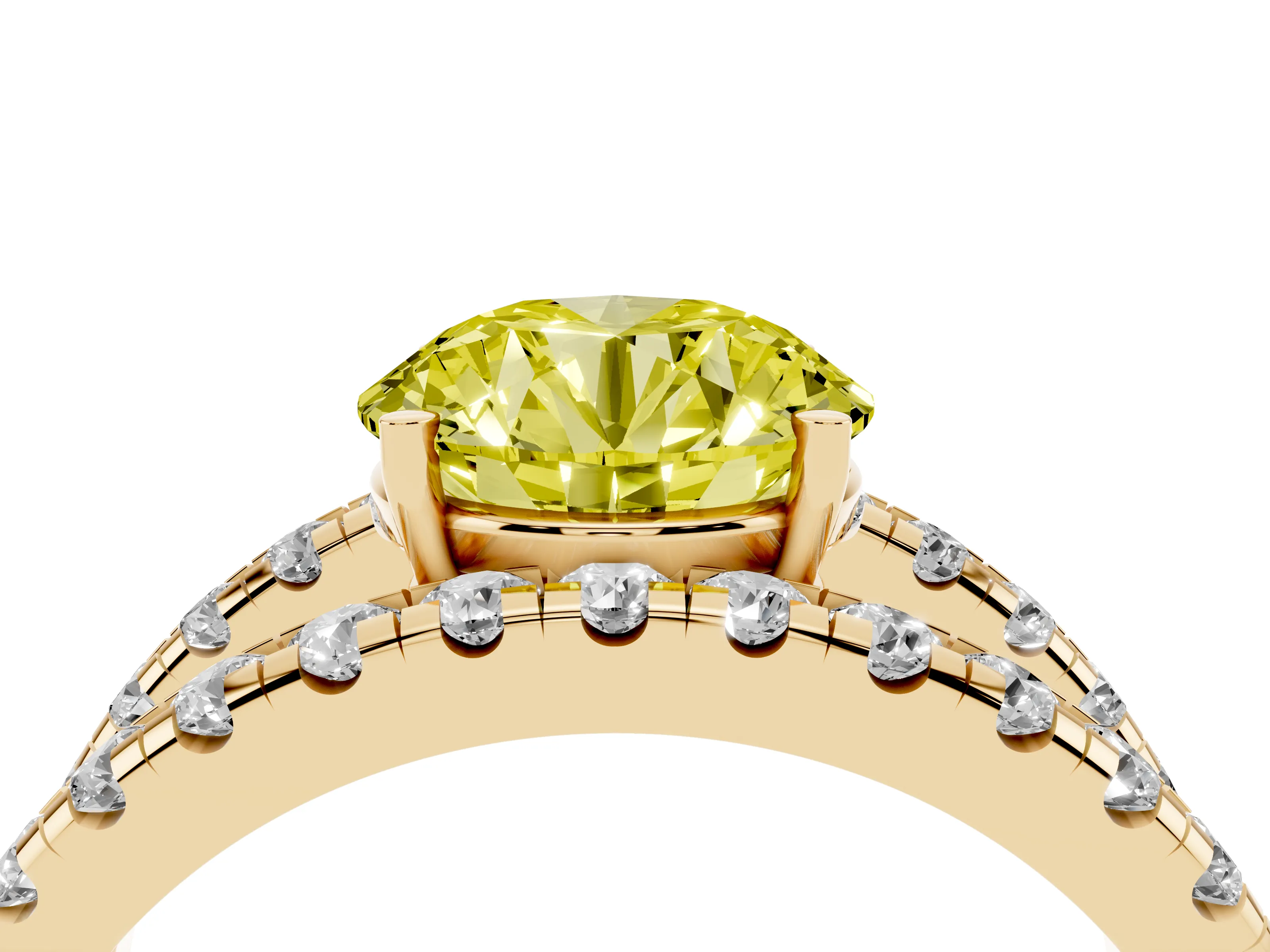 Fancy Yellow Round Cut Diamond Split Shank Pavé Solitaire Ring Set in Yellow gold with Open Shank Design