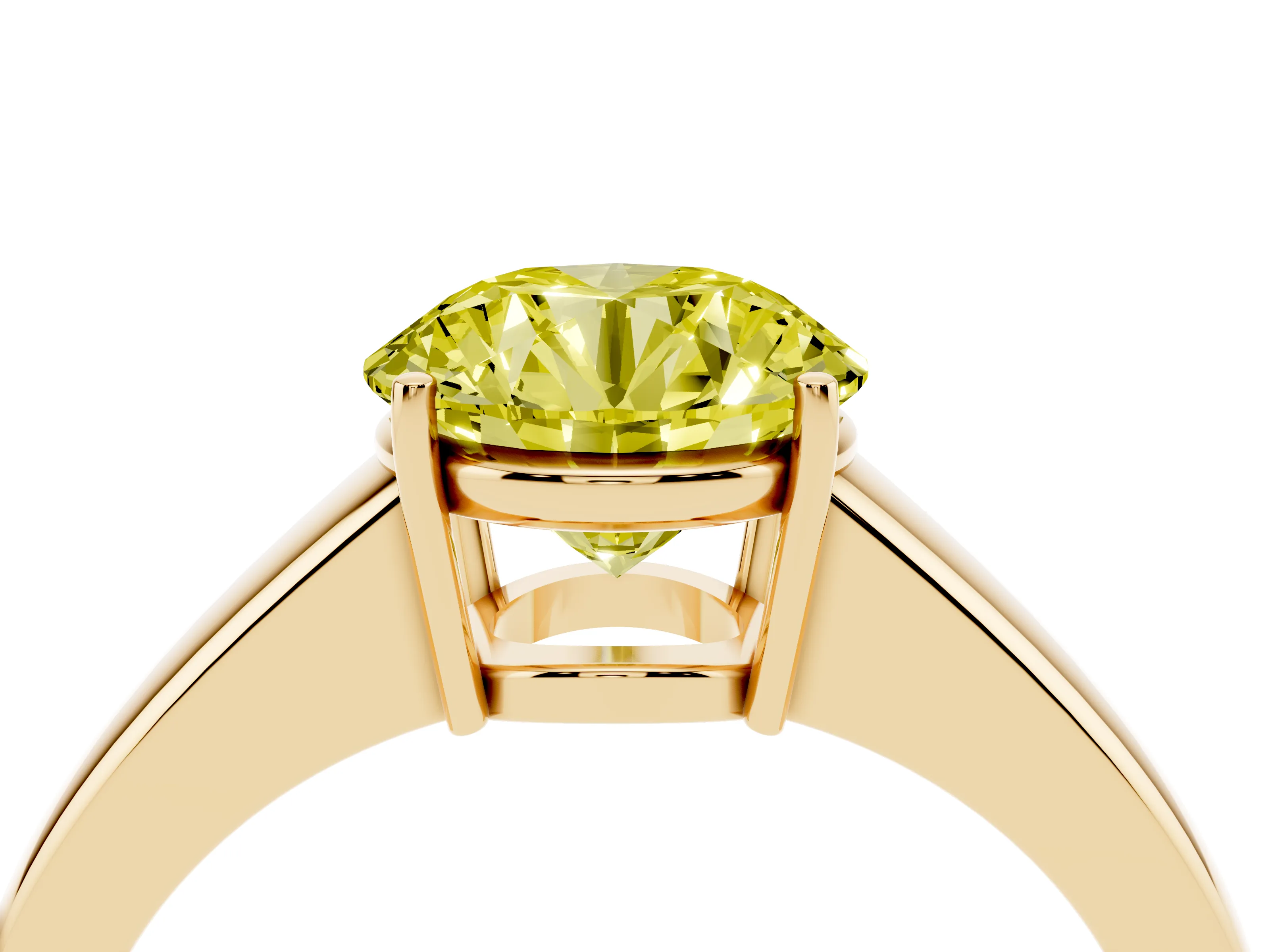 Fancy Yellow Round Cut Diamond Solitaire Ring Set in Yellow gold with Tapered Band and Prong Setting