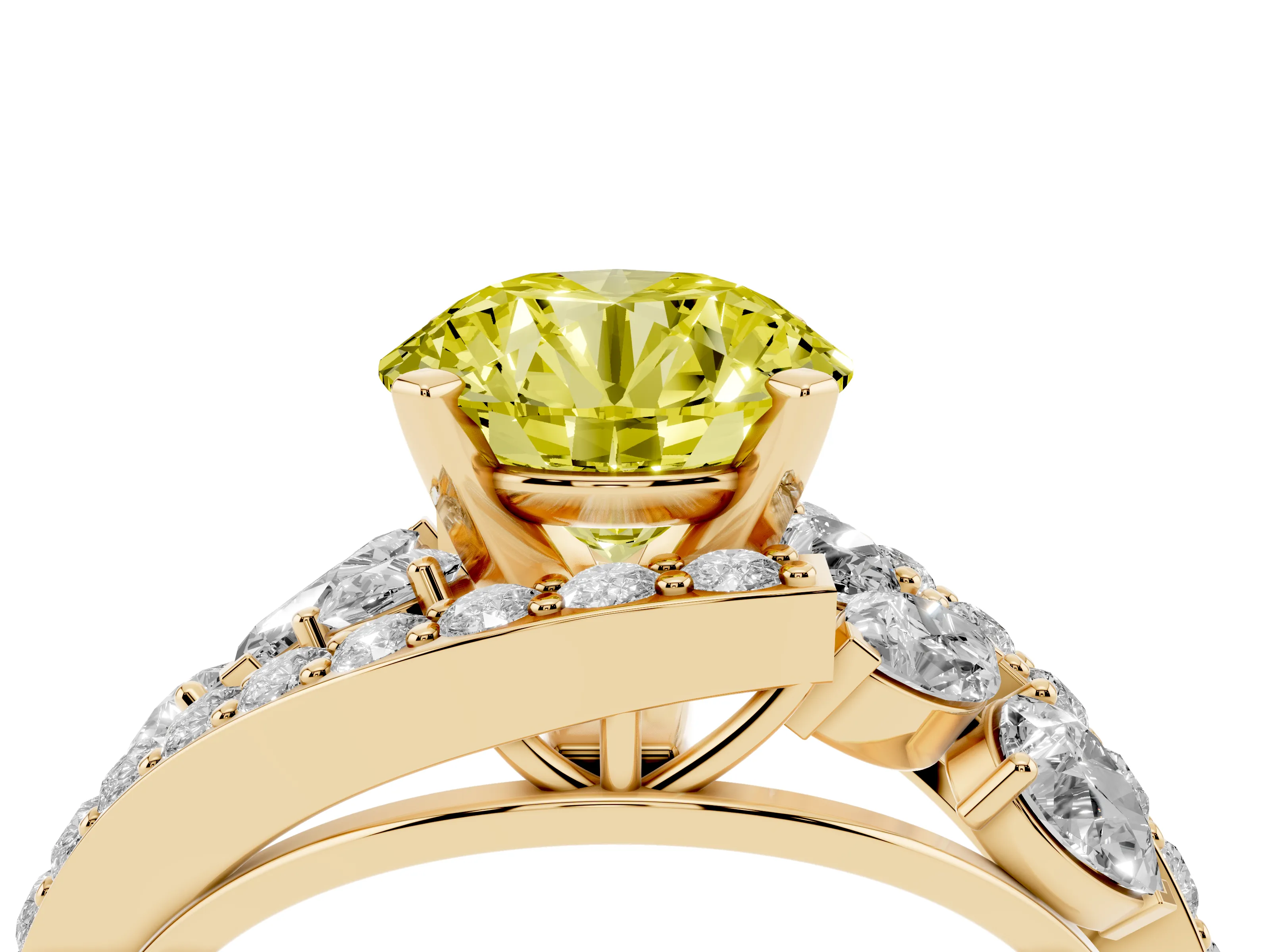 Fancy Yellow Round Cut Diamond Halo Ring Set in Yellow gold with Marquise and Pavé Band in Prong Setting