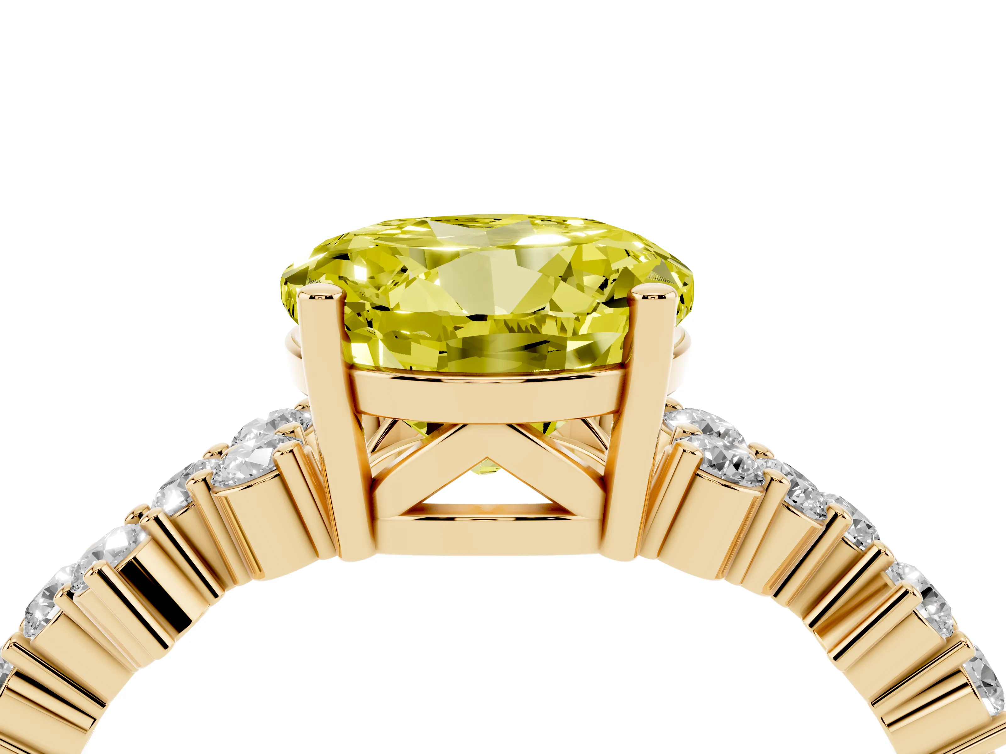 Fancy Yellow Round Cut Diamond Ring Set in Yellow gold with Scattered Round Accents
