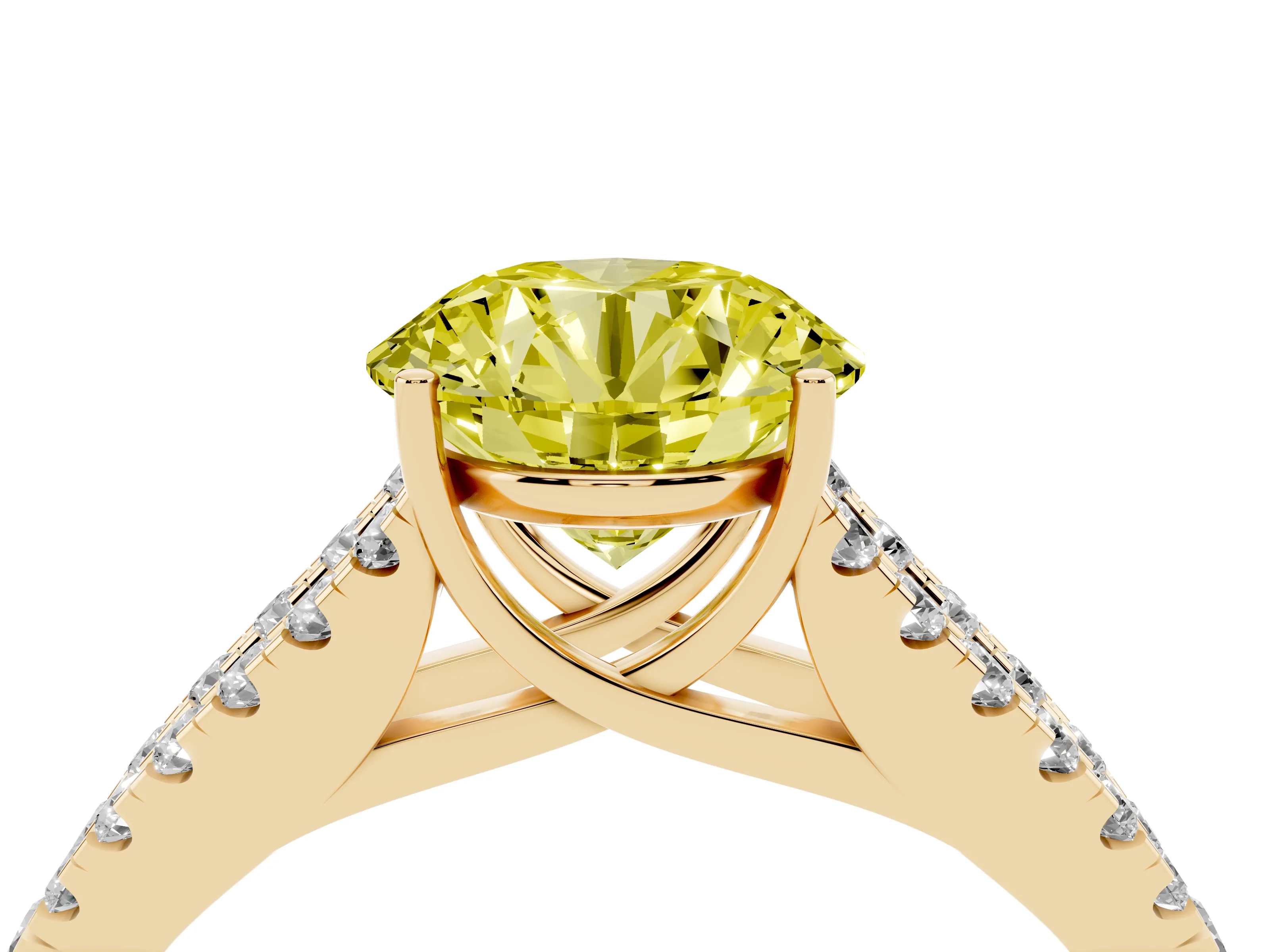 Fancy Yellow Round Cut Diamond Split Shank Pavé Engagement Ring Set in Yellow gold with Prong-Held Center Stone