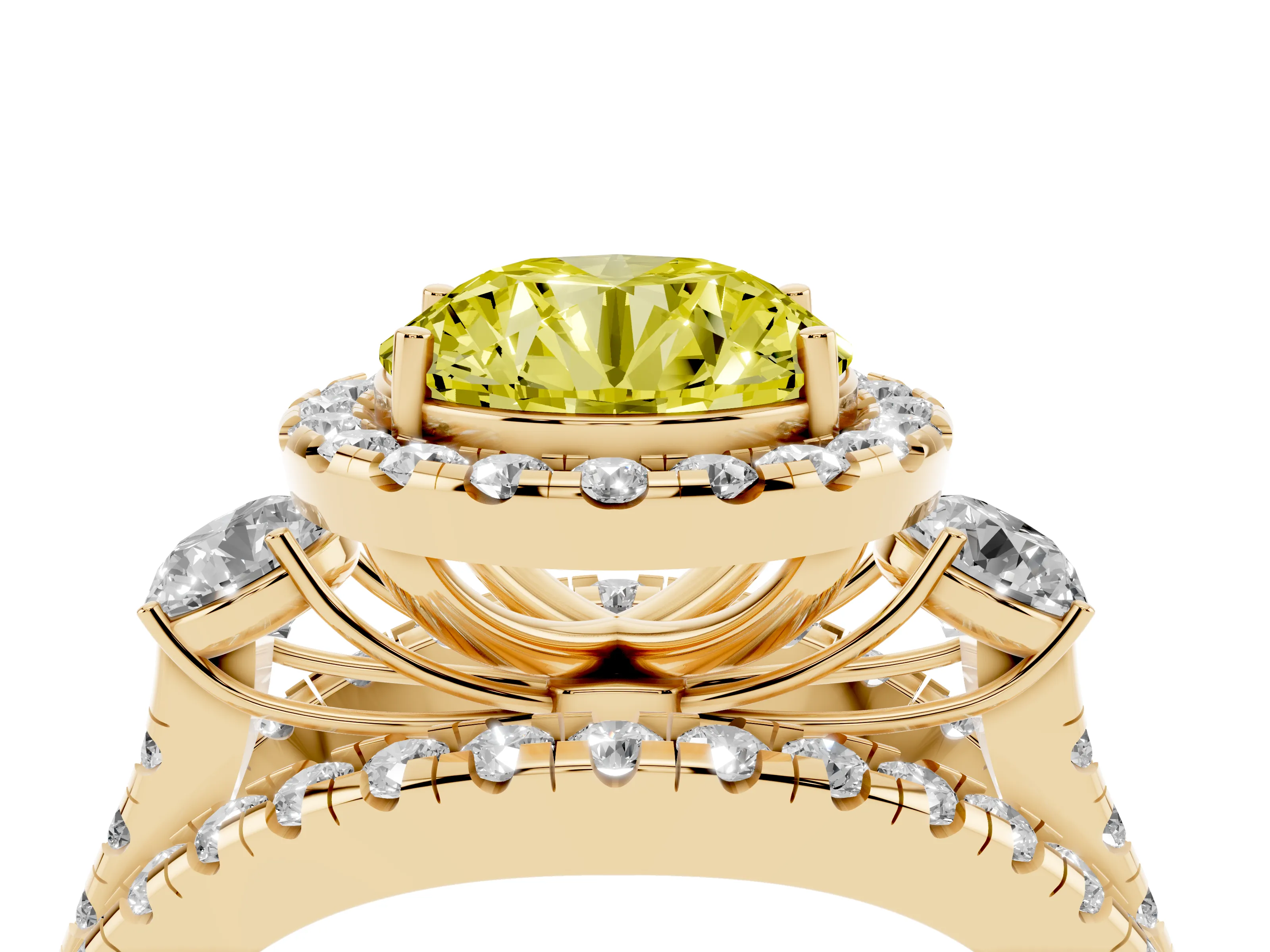 Fancy Yellow Round Cut Diamond Halo Split Shank Ring Set in Yellow gold with Round Accent Stones and Prong Setting