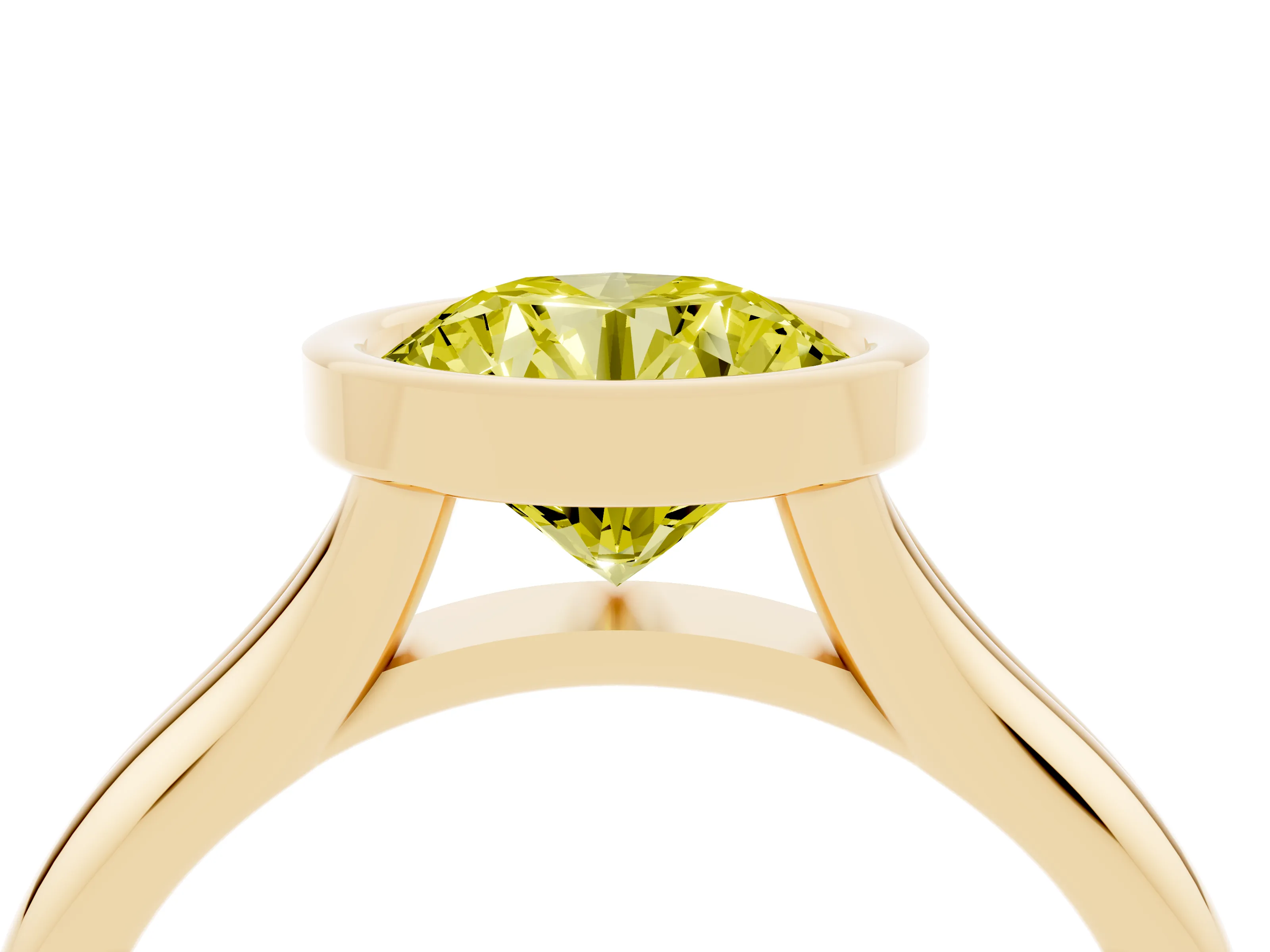 Fancy Yellow Bezel Set Round Cut Diamond Solitaire Ring Set in Yellow gold with Smooth Band