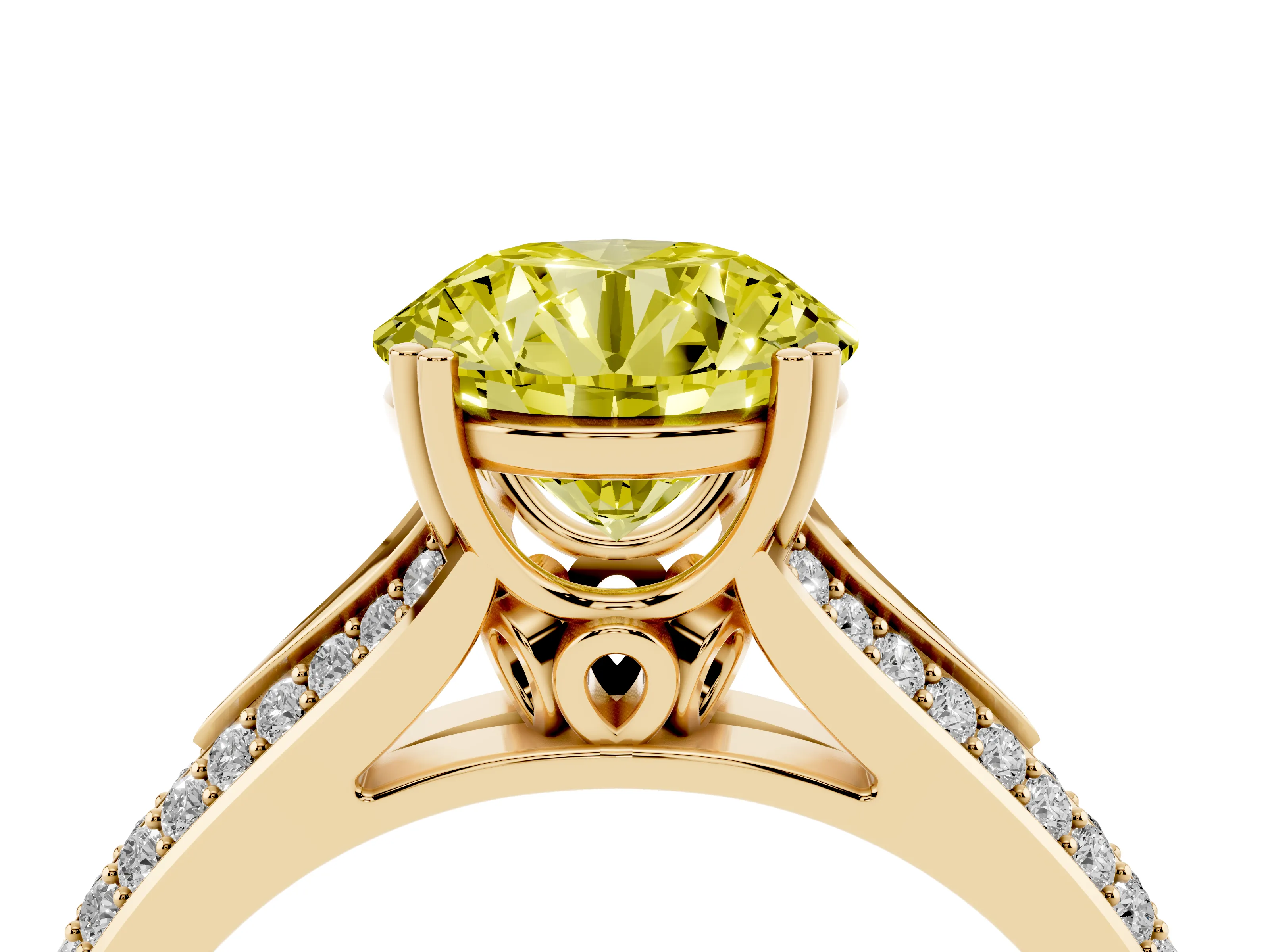 Fancy Yellow Round Cut Diamond Split Shank Pavé Engagement Ring Set in Yellow gold with Prong-Set Center Stone