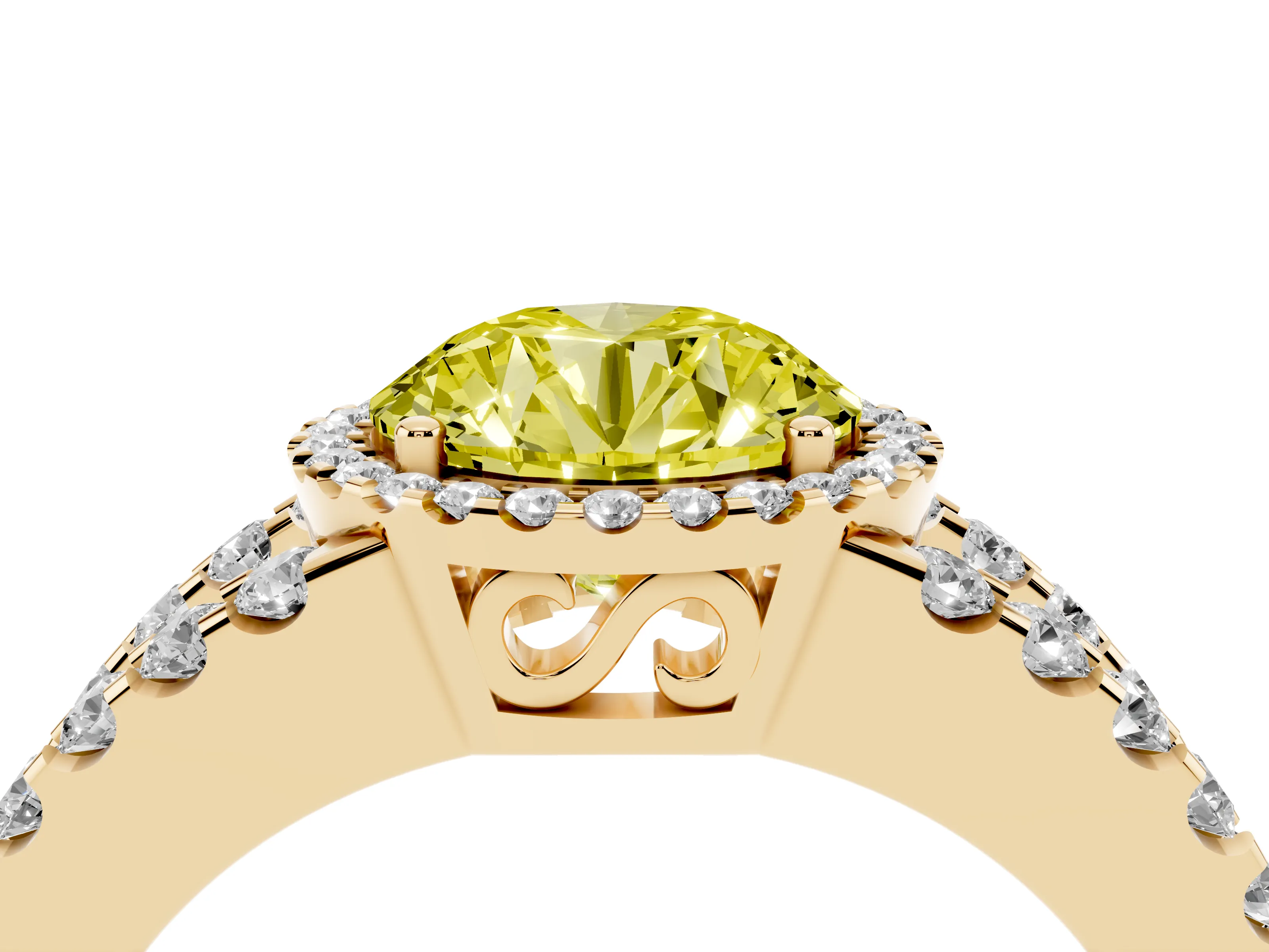 Fancy Yellow Round Cut Diamond Halo Ring Set in Yellow gold with Pavé Split Shank and Prong Setting