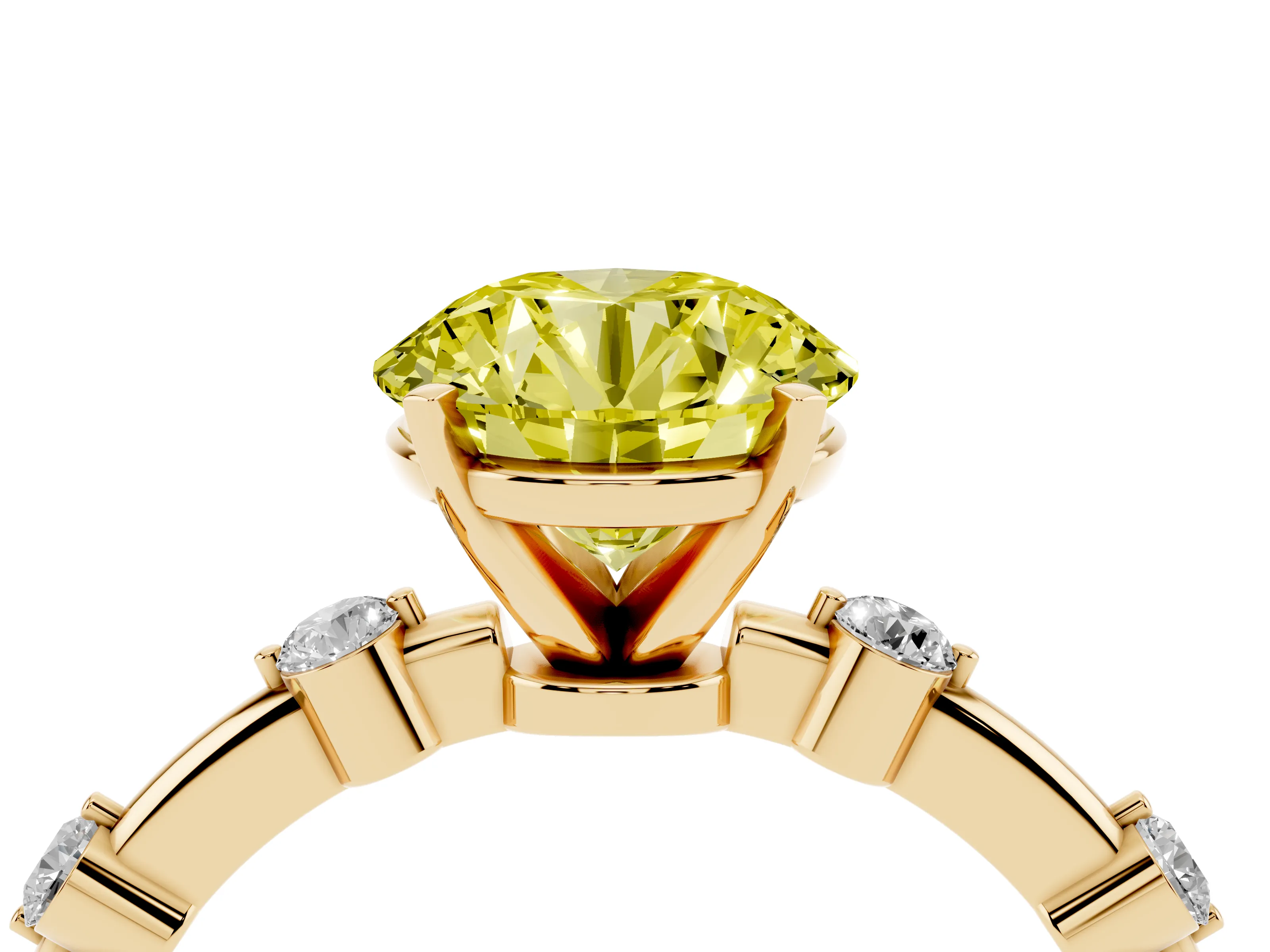 Fancy Yellow Round Cut Diamond Solitaire Ring Set in Yellow gold with Bezel Set Side Stones and Prong Setting