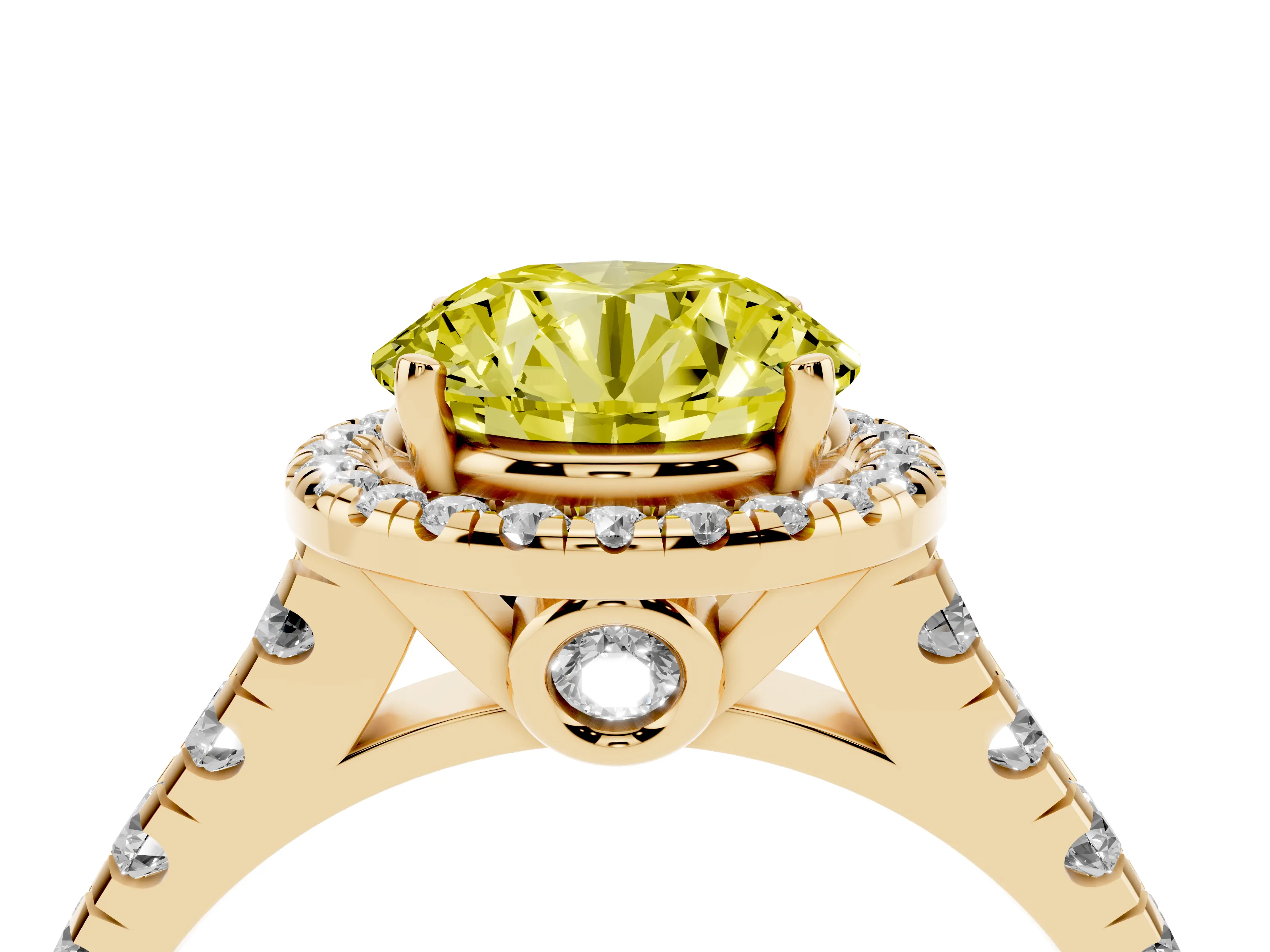 Fancy Yellow Round Cut Diamond Halo Engagement Ring Set in Yellow gold with Pavé Band and Prong-Set Center
