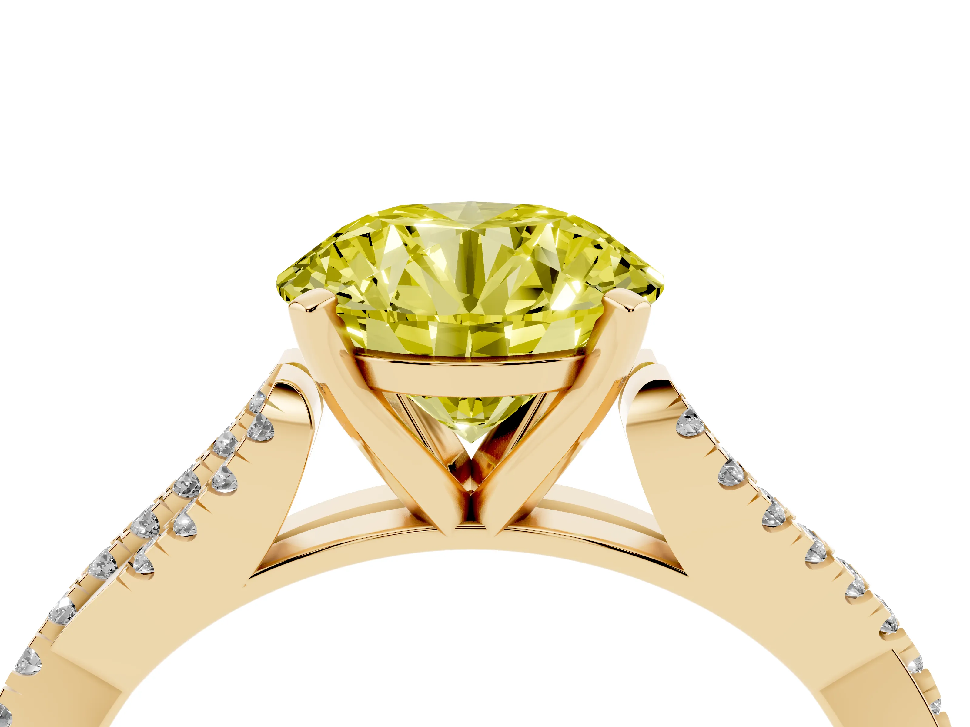 Fancy Yellow Round Cut Diamond Solitaire Engagement Ring Set in Yellow gold with Twisted Pavé Band and Prong Setting