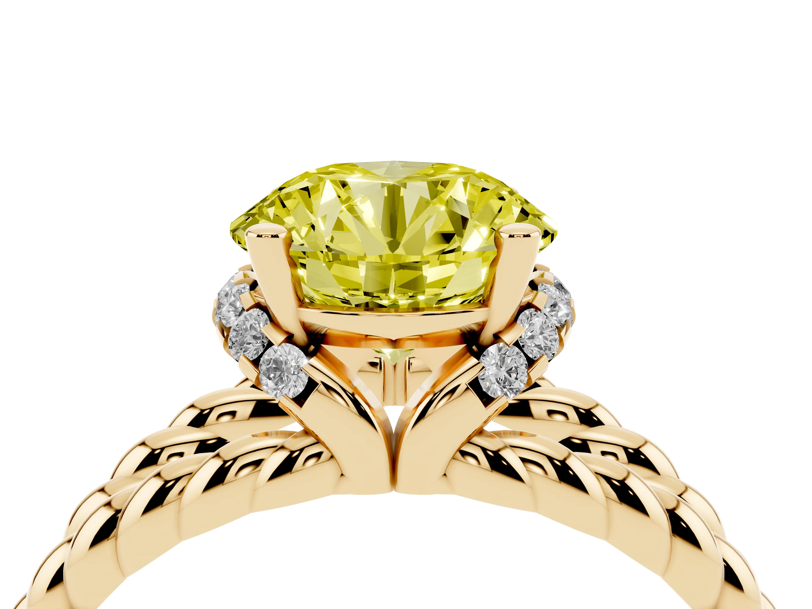 Fancy Yellow Round Cut Diamond Halo Ring Set in Yellow gold with Twisted Band and Prong Setting