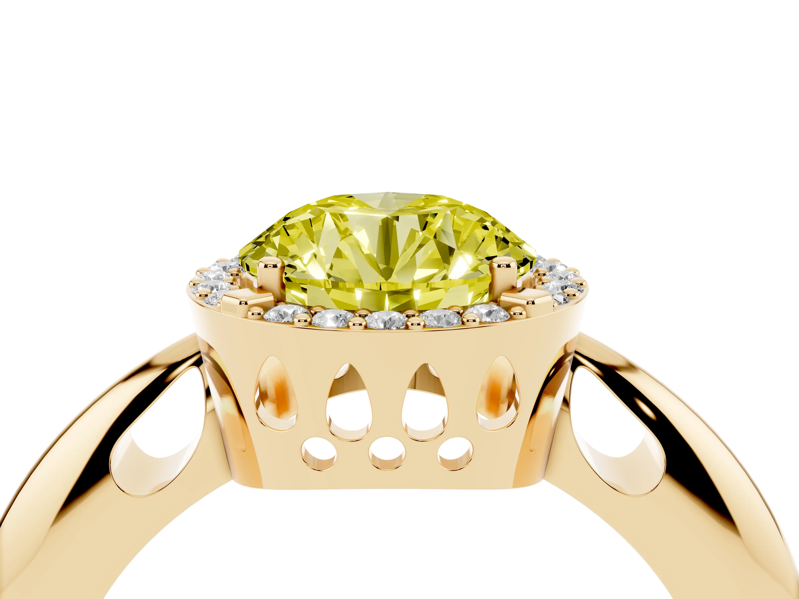 Fancy Yellow Round Cut Diamond Halo Engagement Ring Set in Yellow gold with Plain Split Shank and Prong Setting