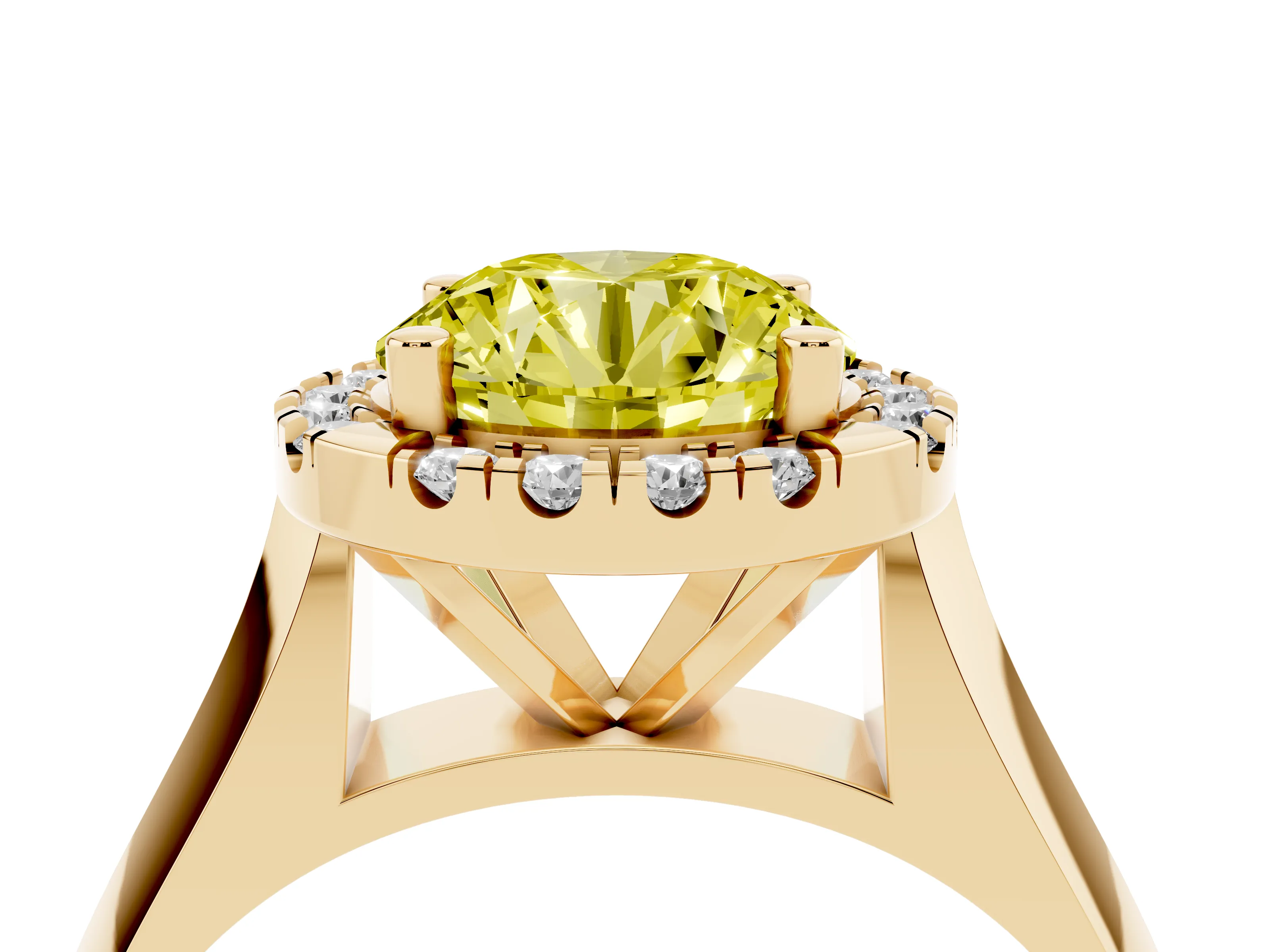 Fancy Yellow Round Cut Diamond Halo Solitaire Engagement Ring Set in Yellow gold with Square Band and Prong Setting