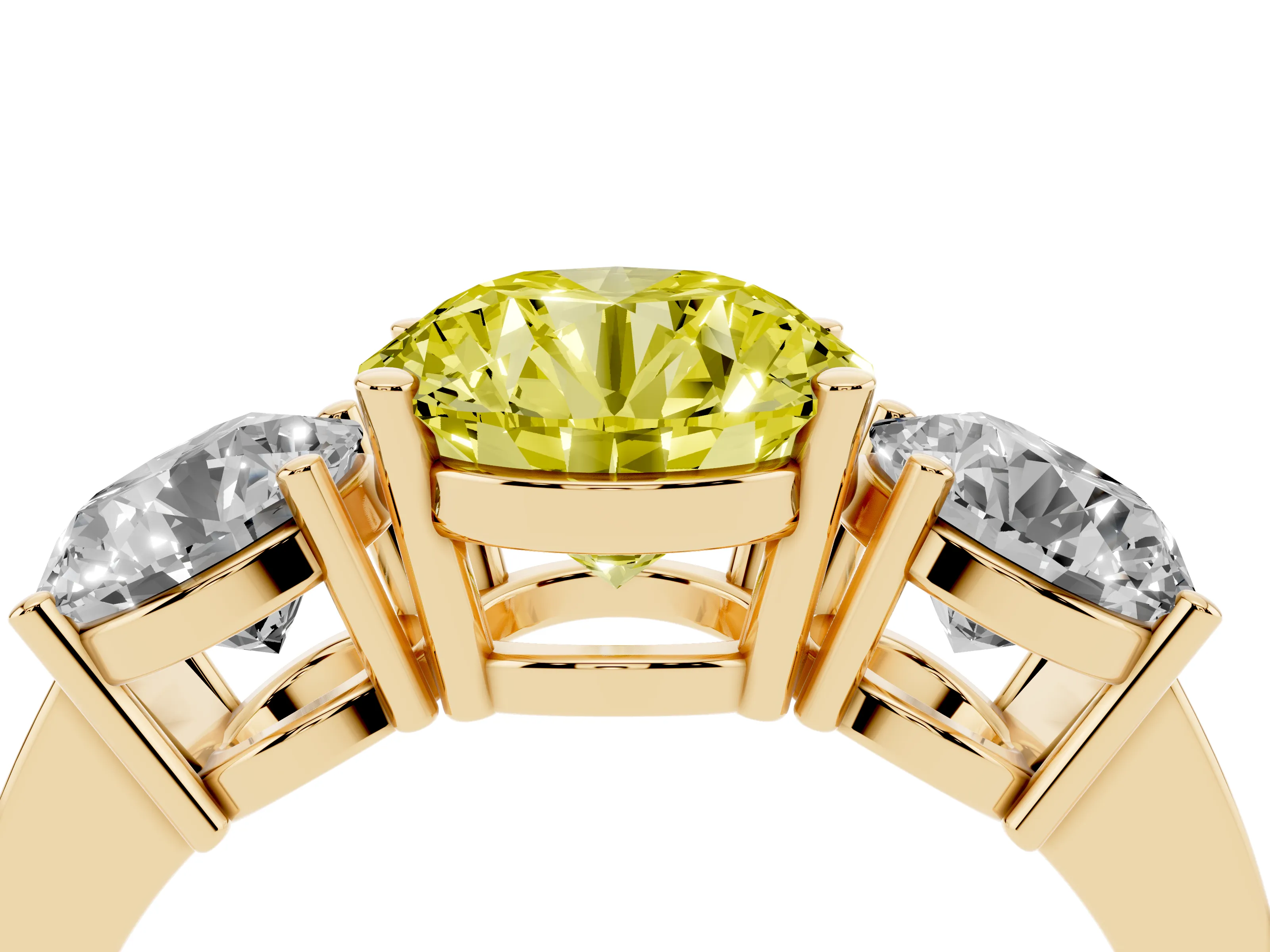 Fancy Yellow Round Cut Diamond Three-Stone Engagement Ring Set in Yellow gold with Flat Band