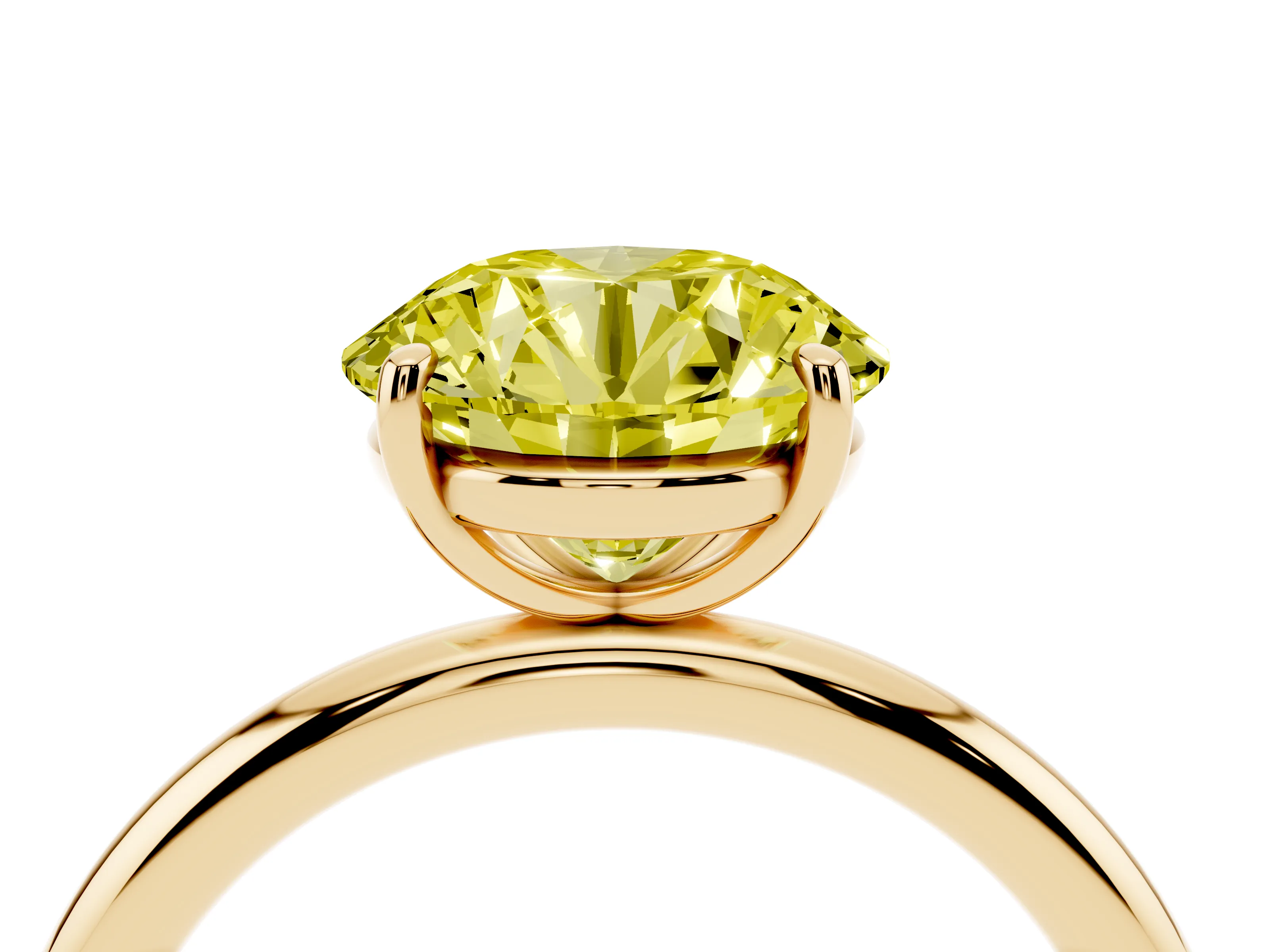 Fancy Yellow Round Cut Diamond Solitaire Ring Set in Yellow gold with Prong Setting on a Polished Plain Band