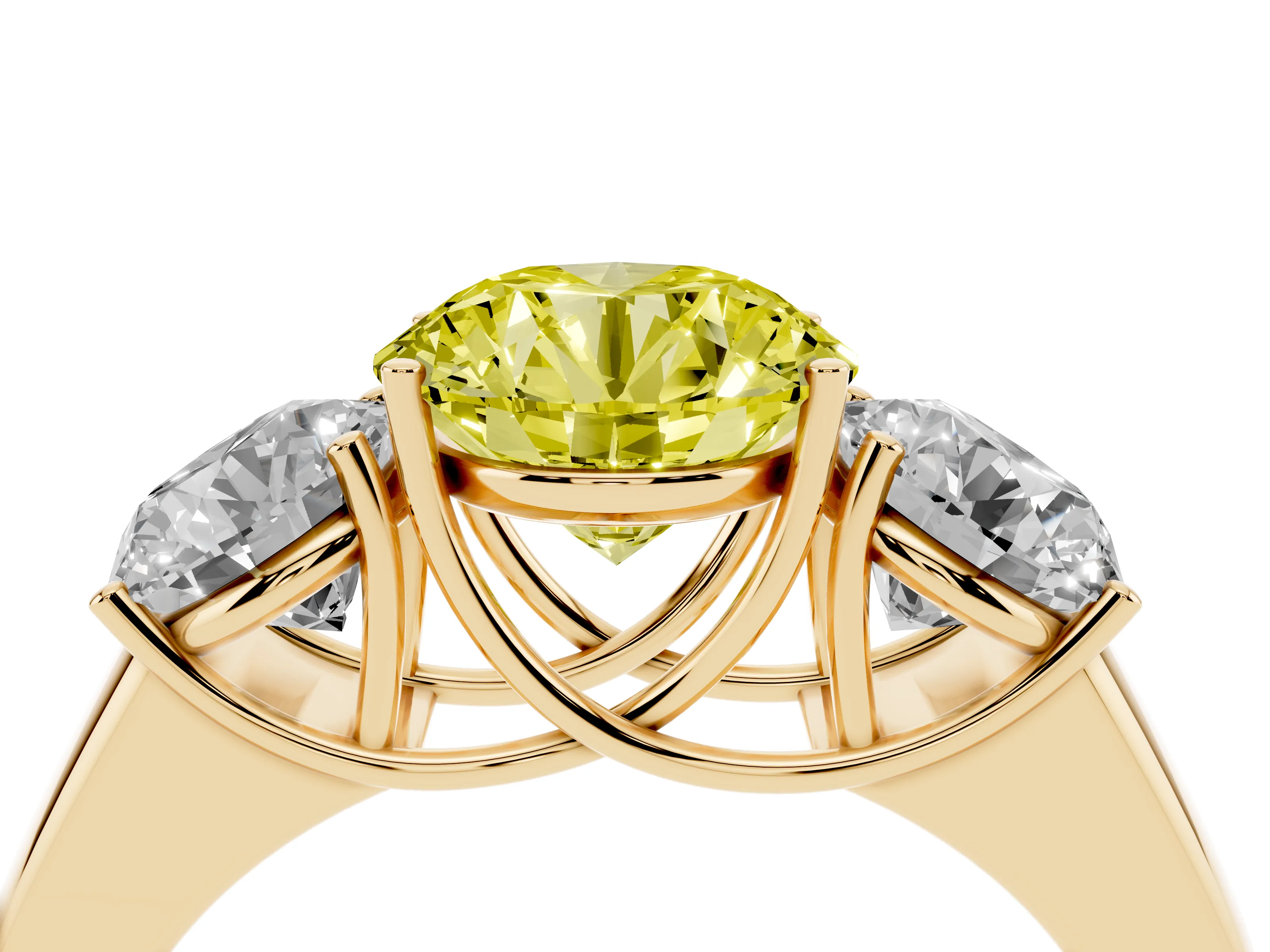 Fancy Yellow Three-Stone Round Cut Diamond Ring Set in Yellow gold with Matching Prong Settings and Plain Band