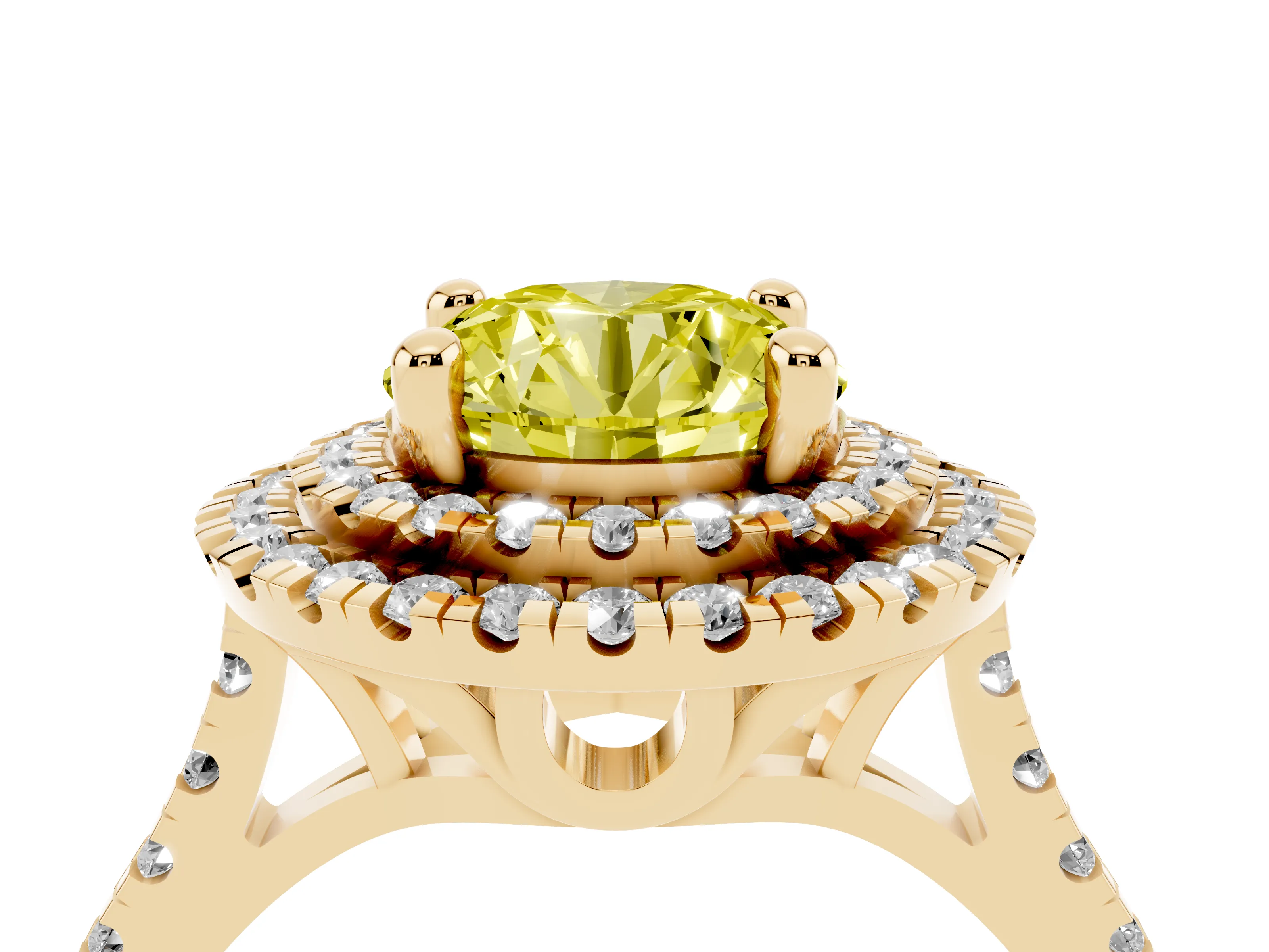 Fancy Yellow Round Cut Diamond Double Halo Statement Ring Set in Yellow gold with Pavé Band