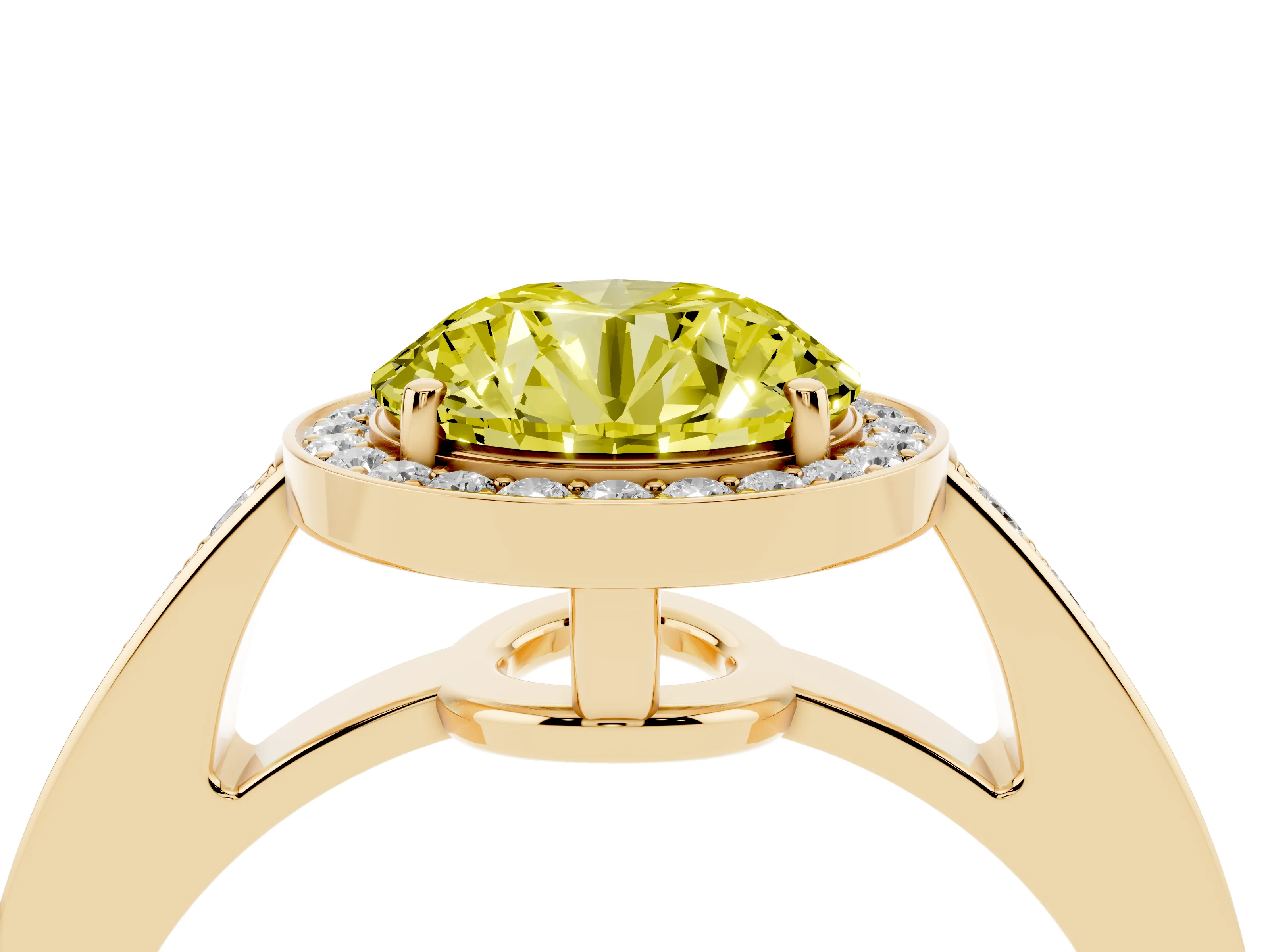 Fancy Yellow Round Cut Diamond Halo Pavé Engagement Ring Set in Yellow gold with Bezel Setting