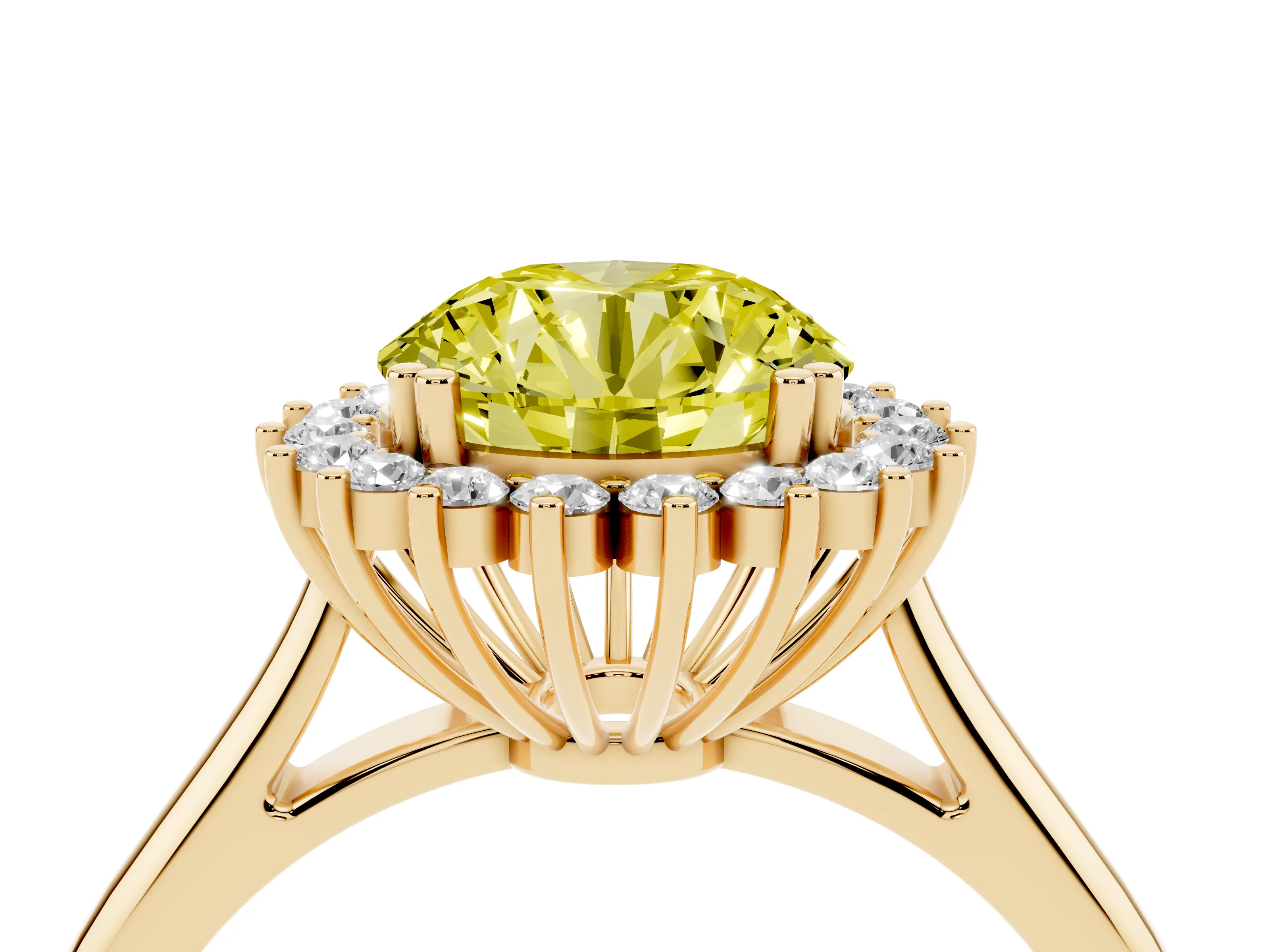 Fancy Yellow Round Cut Diamond Halo Ring Set in Yellow gold with Plain Solitaire Band and Prong Setting