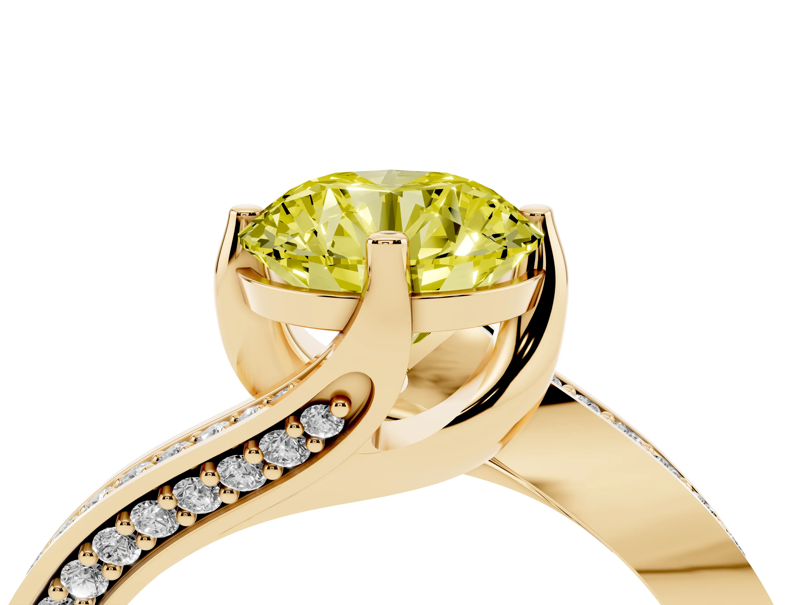 Fancy Yellow Round Cut Diamond Solitaire Ring Set in Yellow gold with Intertwined Pavé Twist Band