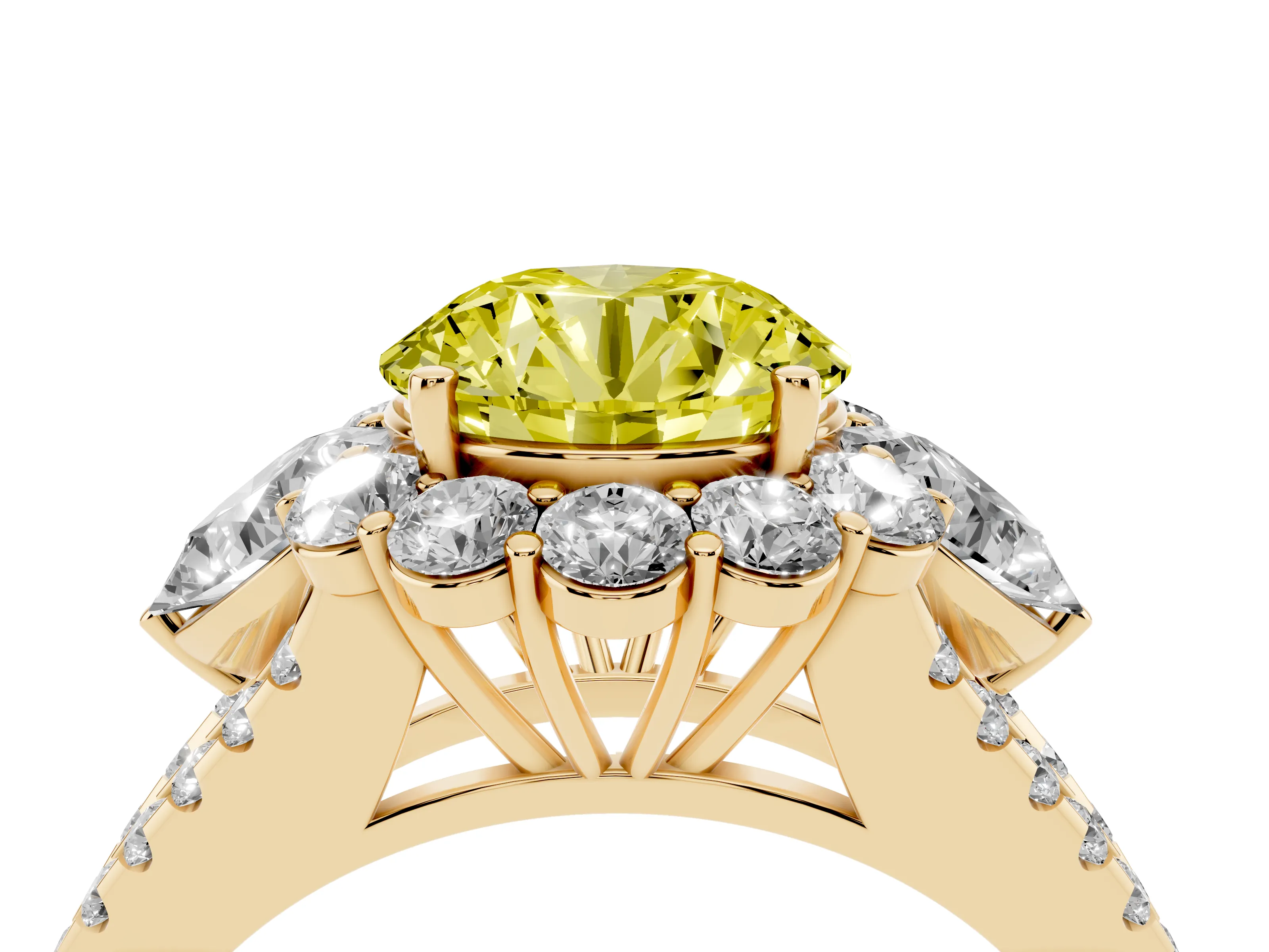 Fancy Yellow Round Cut Diamond Halo Split Shank Engagement Ring Set in Yellow gold with Prong-Held Center Stone