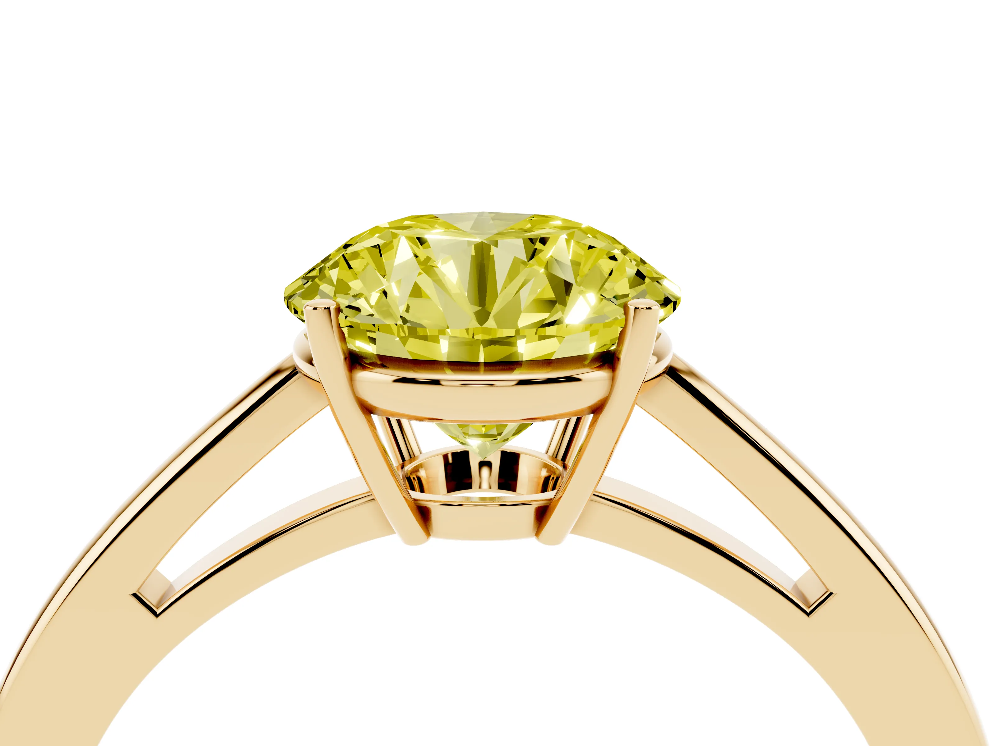 Fancy Yellow Round Cut Diamond Solitaire Ring Set in Yellow gold with Split Shank and Prong Setting