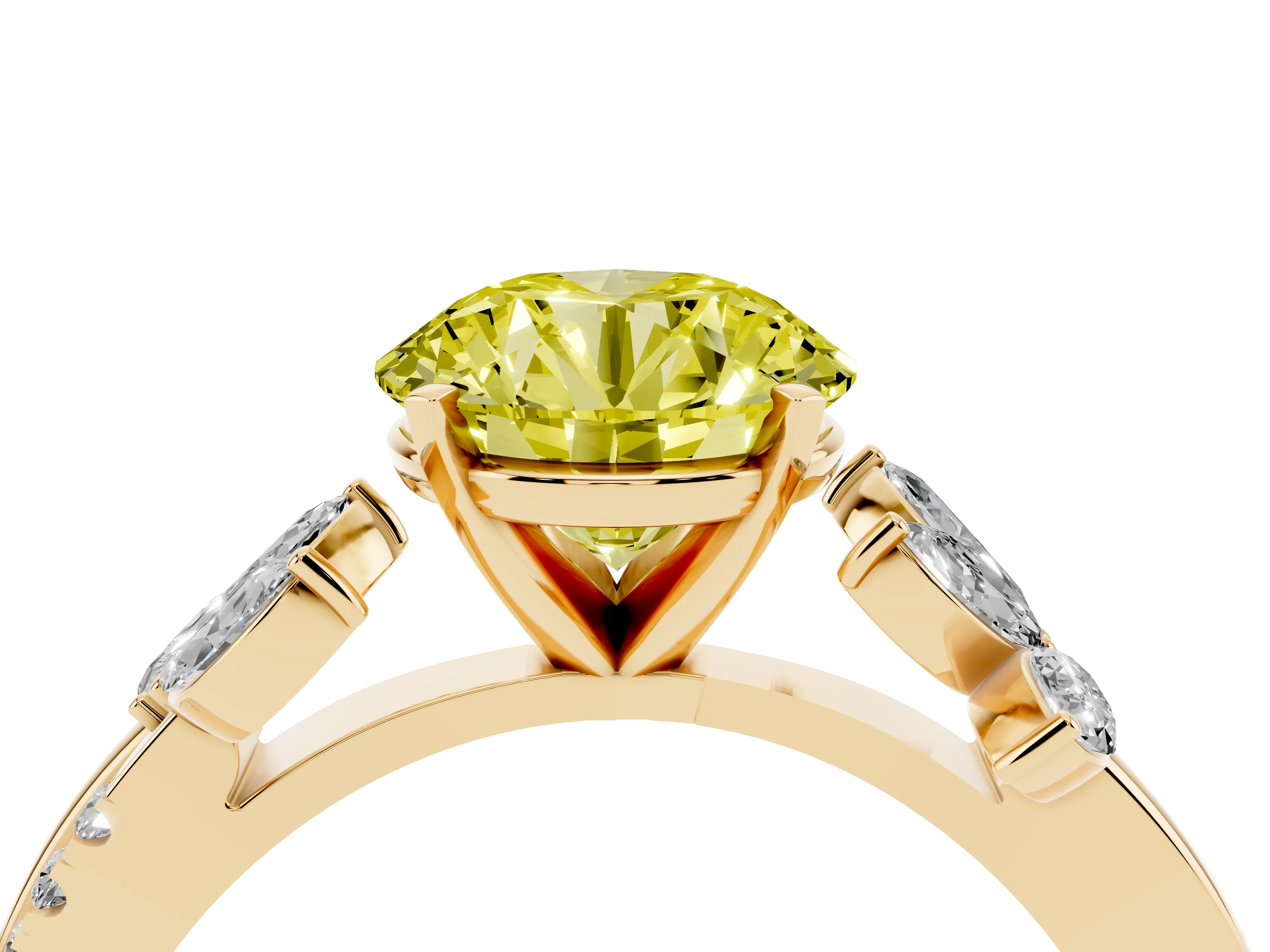 Fancy Yellow Round Cut Diamond Floral Vine Solitaire Engagement Ring Set in Yellow gold with Marquise Leaves