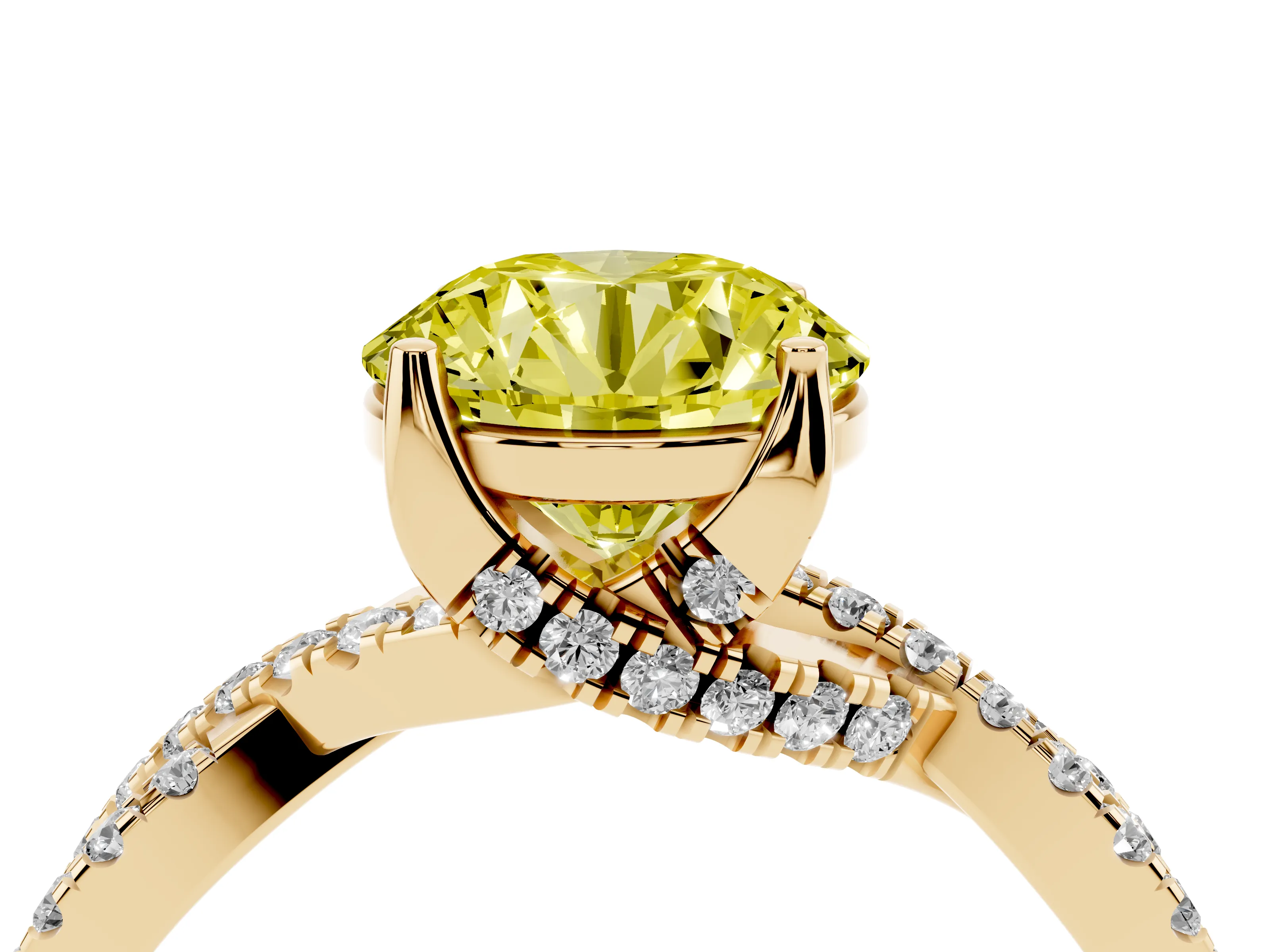 Fancy Yellow Round Cut Diamond Twist Pavé Solitaire Engagement Ring Set in Yellow gold with Prong Setting