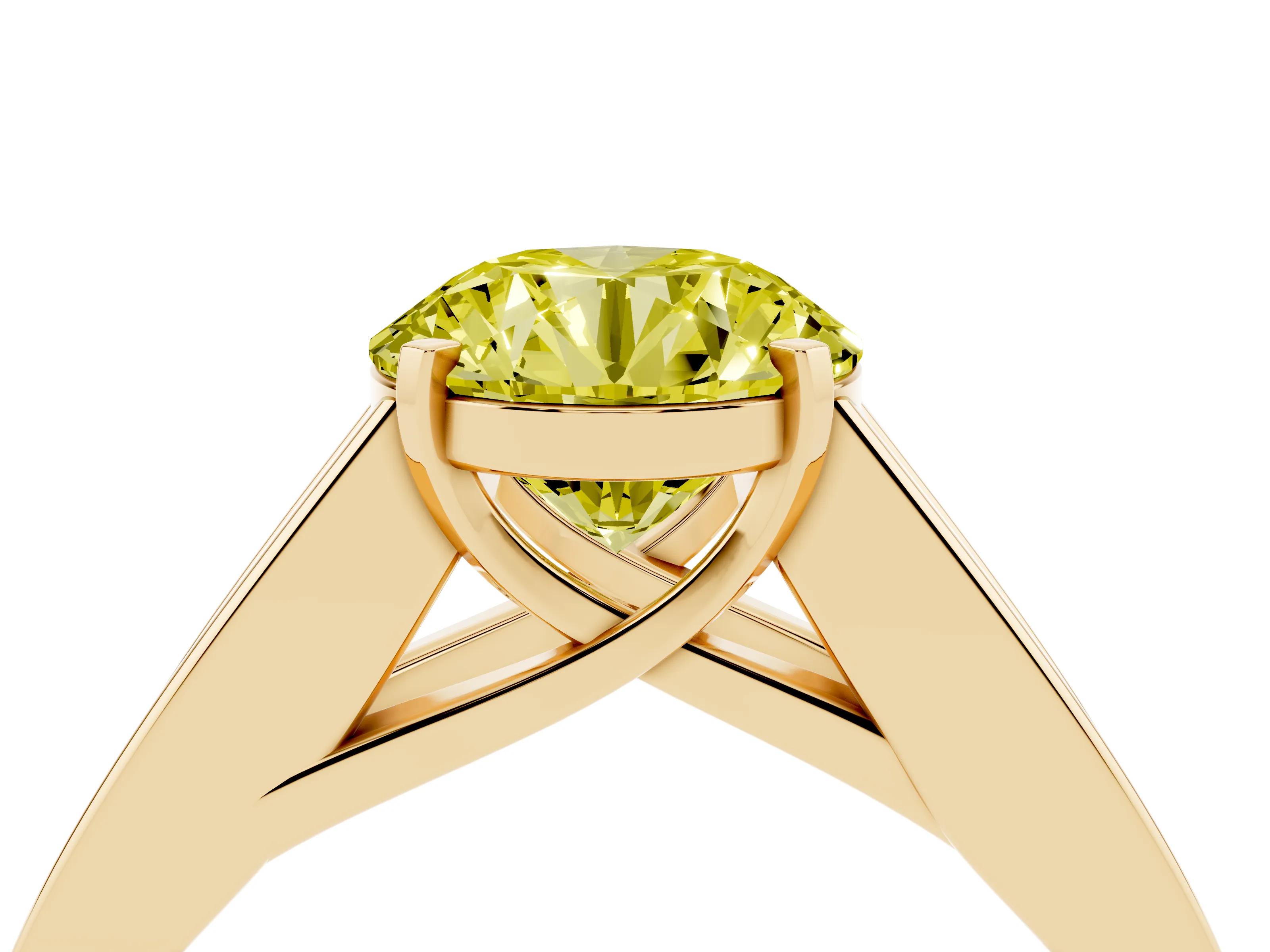 Fancy Yellow Round Cut Diamond Solitaire Ring Set in Yellow gold with Channel-Set Accent Stones and Prong Setting