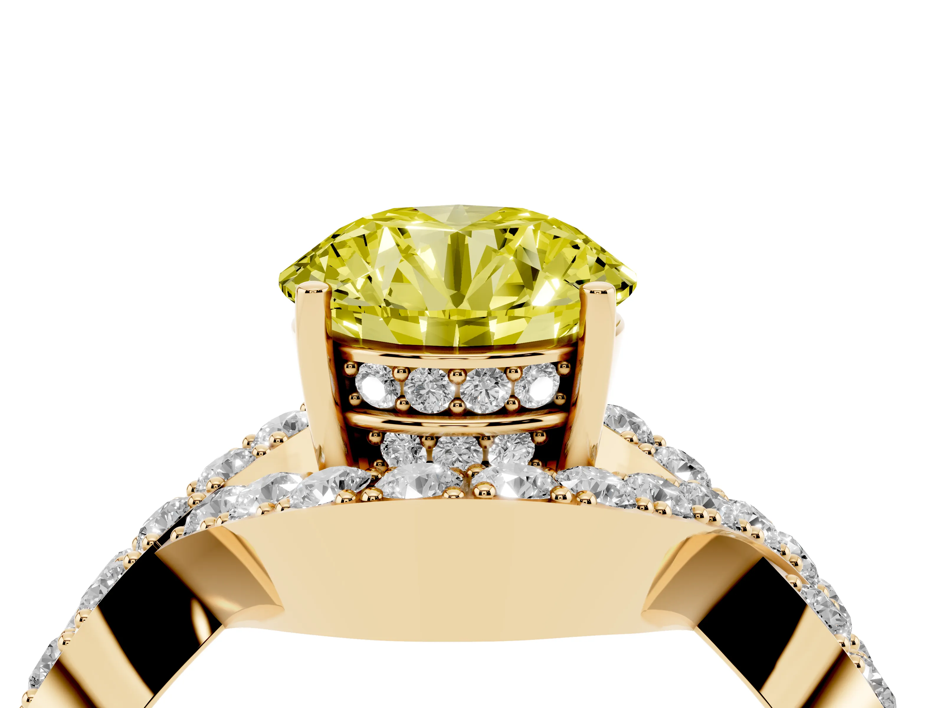 Fancy Yellow Round Cut Diamond Solitaire Twist Band Pavé Engagement Ring Set in Yellow gold