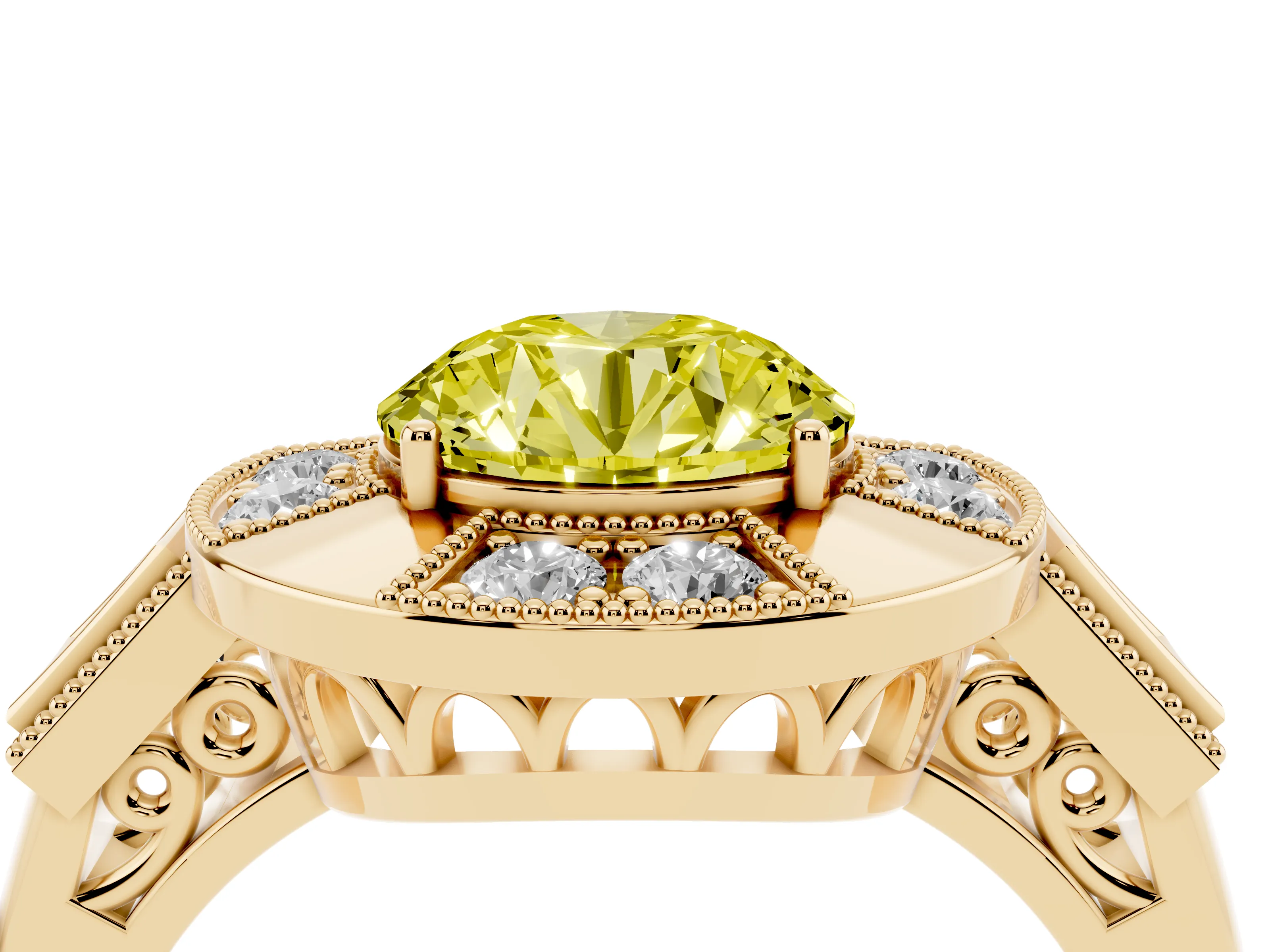 Fancy Yellow Round Cut Diamond Milgrain Halo Ring Set in Yellow gold with Split Shank