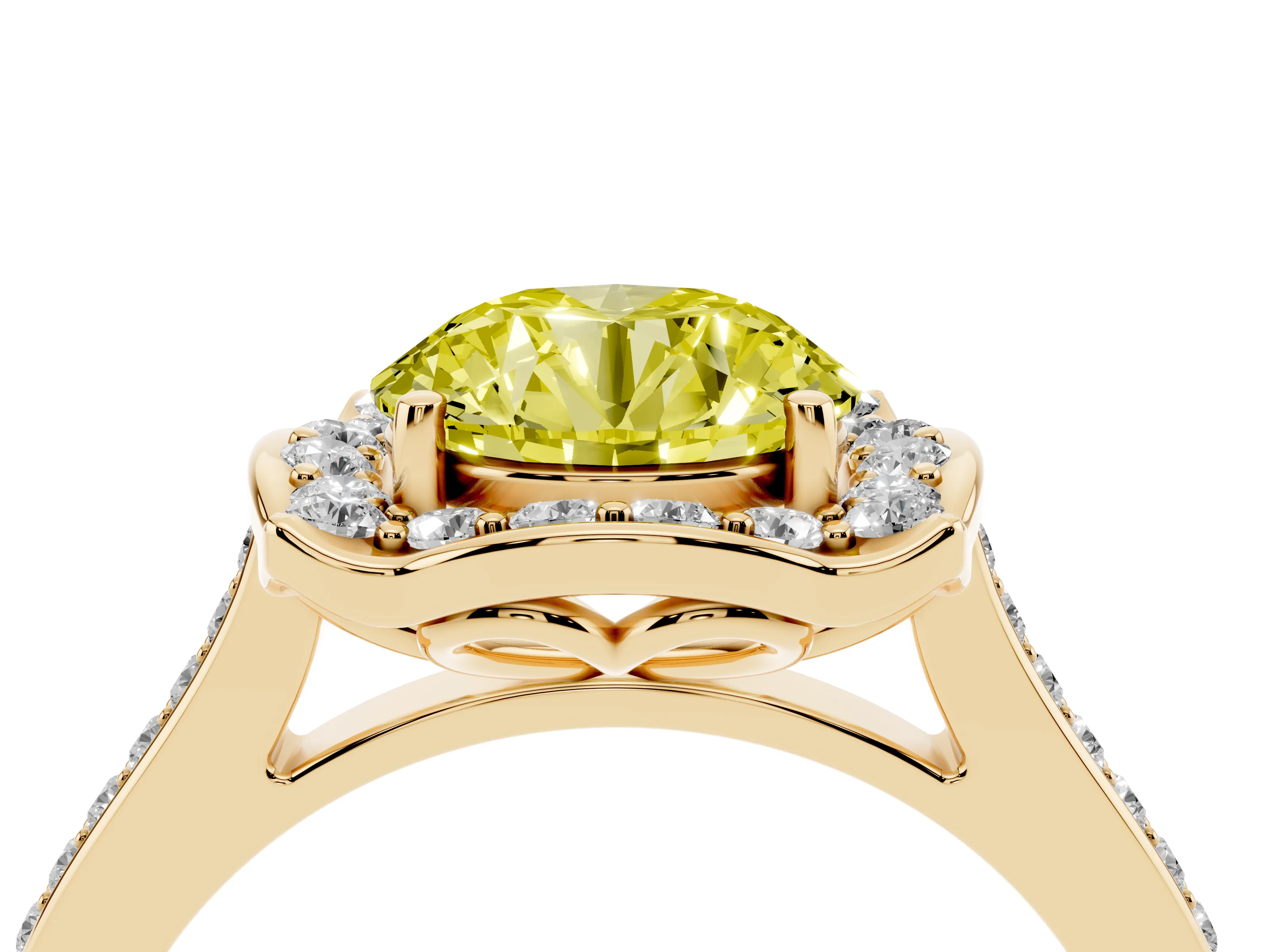 Fancy Yellow Round Cut Diamond Halo Ring Set in Yellow gold with Pavé-Lined Shoulders and Prong Setting