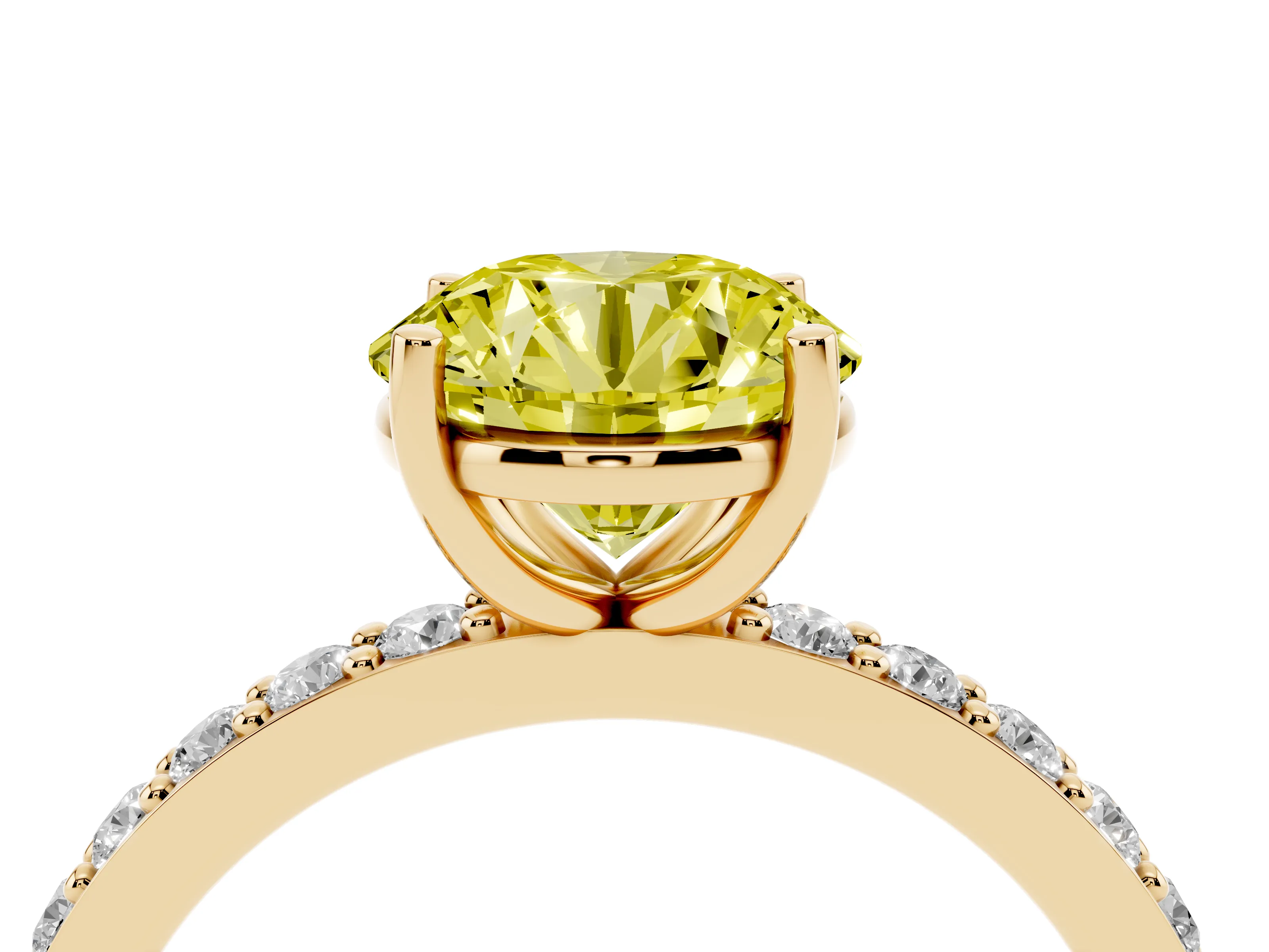 Fancy Yellow Round Cut Diamond Solitaire Set in Yellow gold with Round Pavé Band and Prong Setting