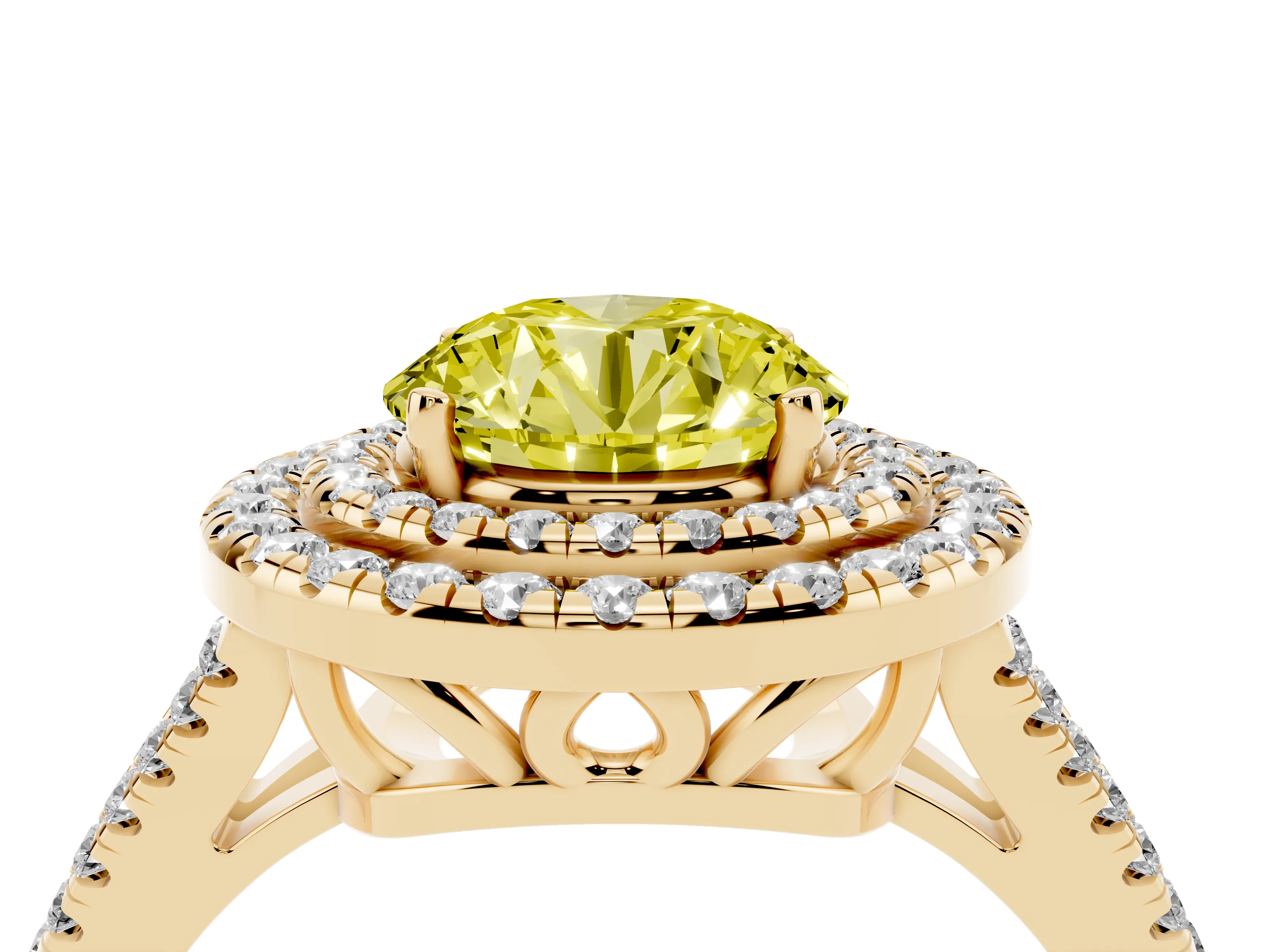 Fancy Yellow Round Cut Diamond Double Halo Ring Set in Yellow gold with Pavé Band