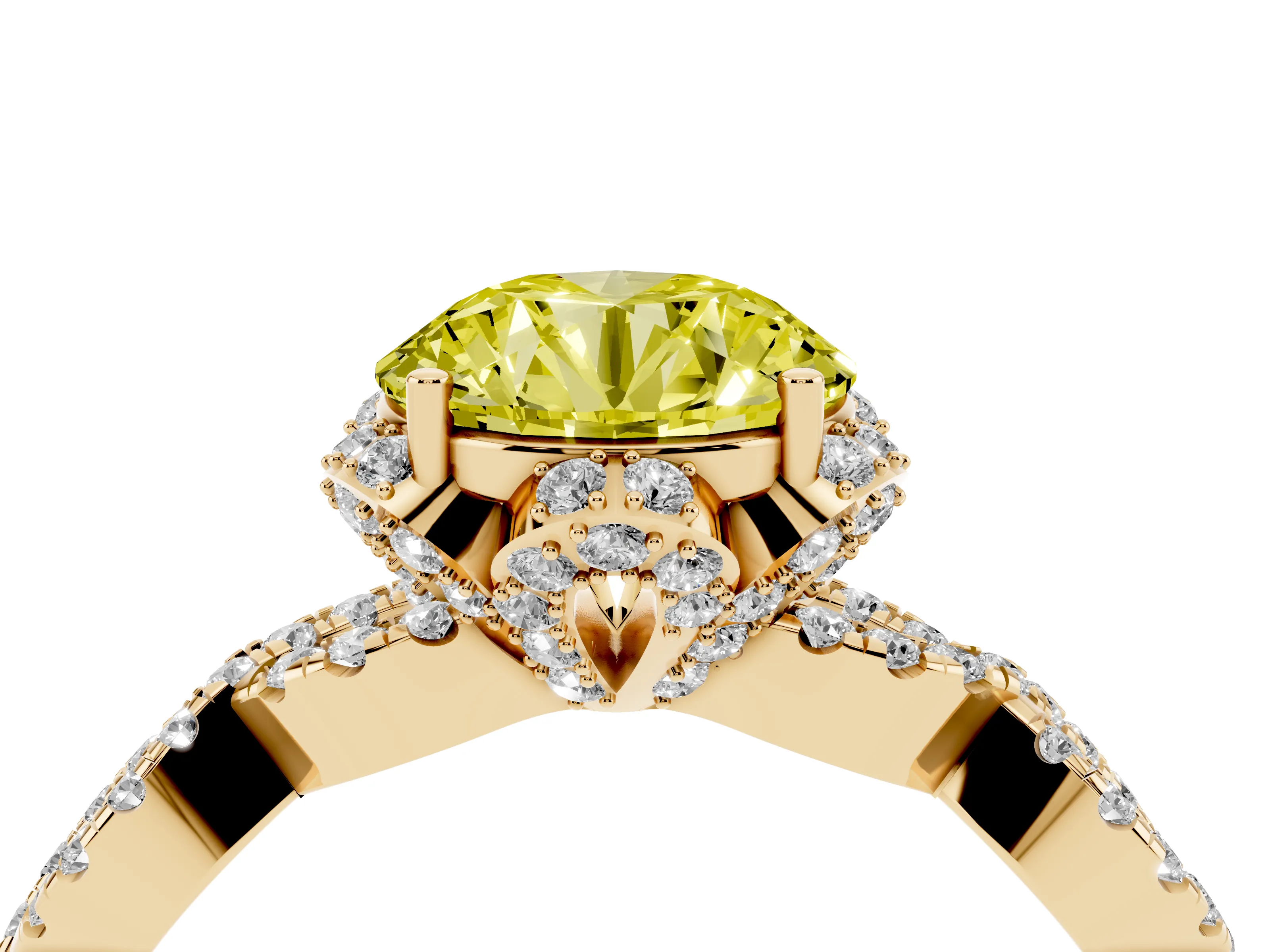 Fancy Yellow Round Cut Diamond Halo Twist Band Solitaire Ring Set in Yellow gold with Prong-Set Center Stone