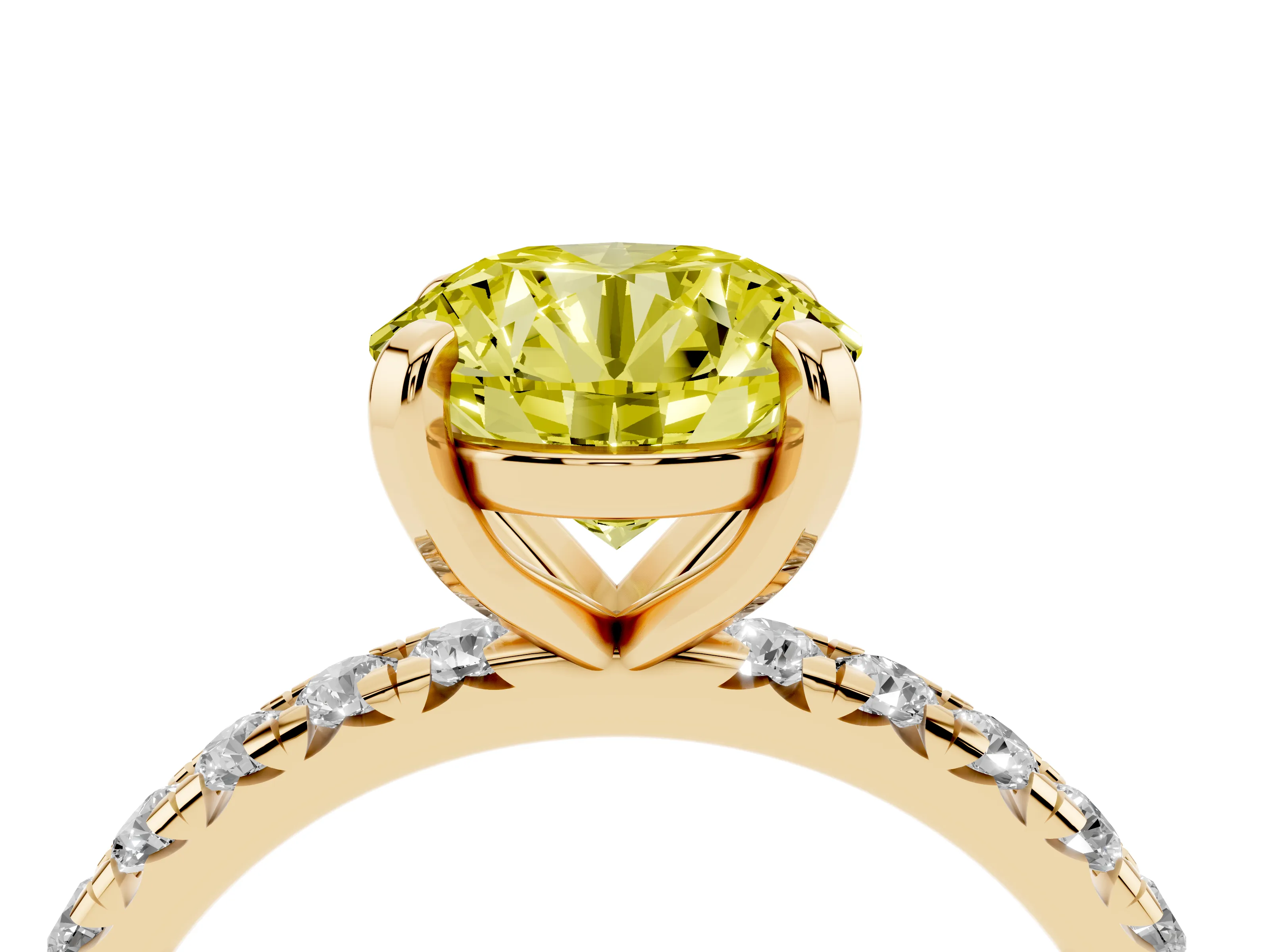Fancy Yellow Round Cut Diamond Pavé Solitaire Ring Set in Yellow gold with Round Band and Prong Setting