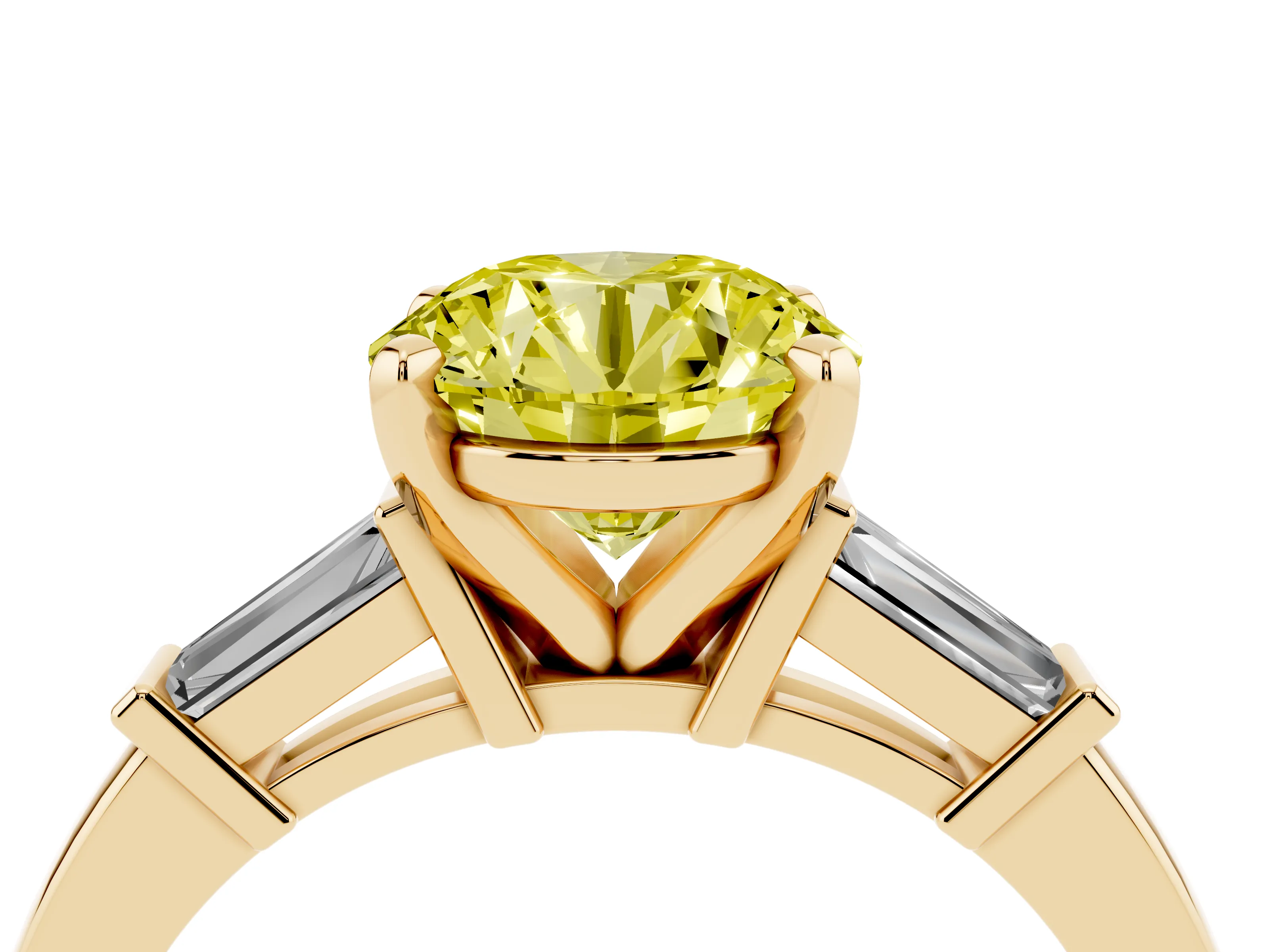 Fancy Yellow Round Cut Diamond Solitaire Ring Set in Yellow gold with Tapered Baguette Accents and Prong Setting