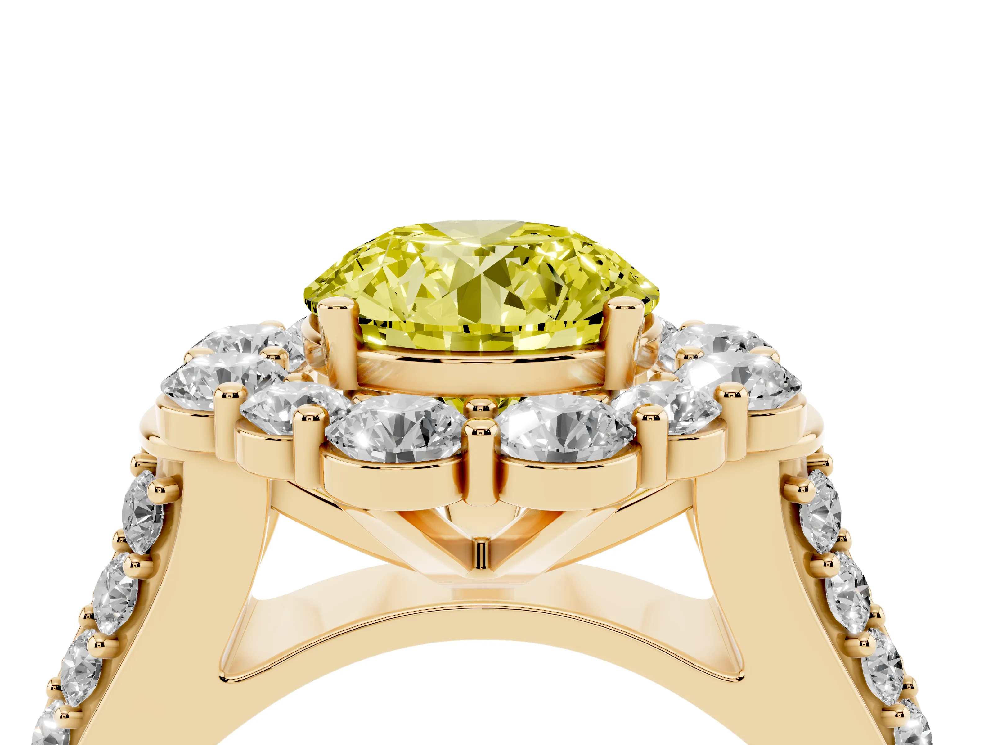 Fancy Yellow Round Cut Diamond Halo Engagement Ring Set in Yellow gold with Split Shank and Prong Setting