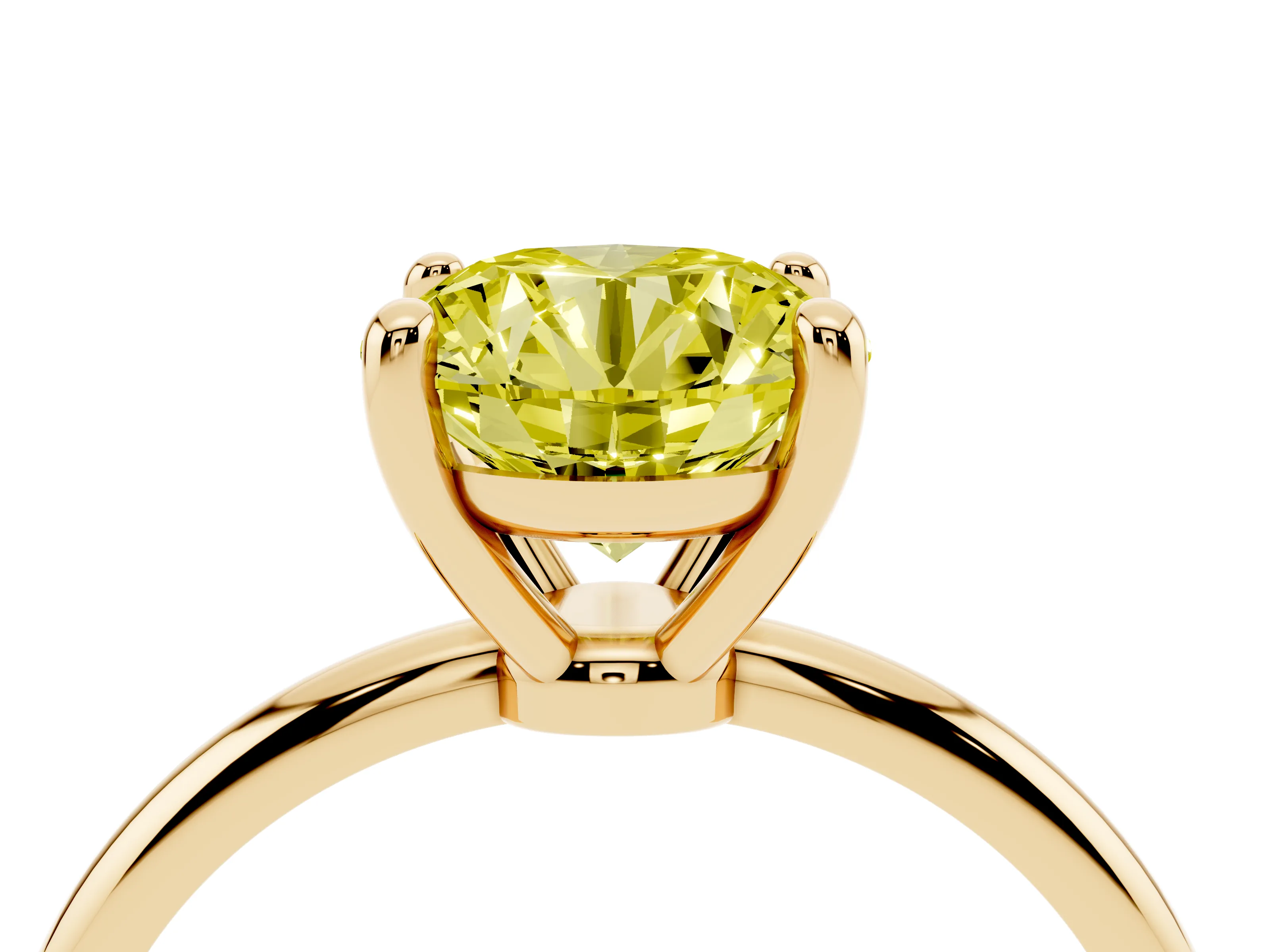 Fancy Yellow Round Cut Diamond Solitaire Ring Set in Yellow gold with Secure Prong Setting on a Classic Band