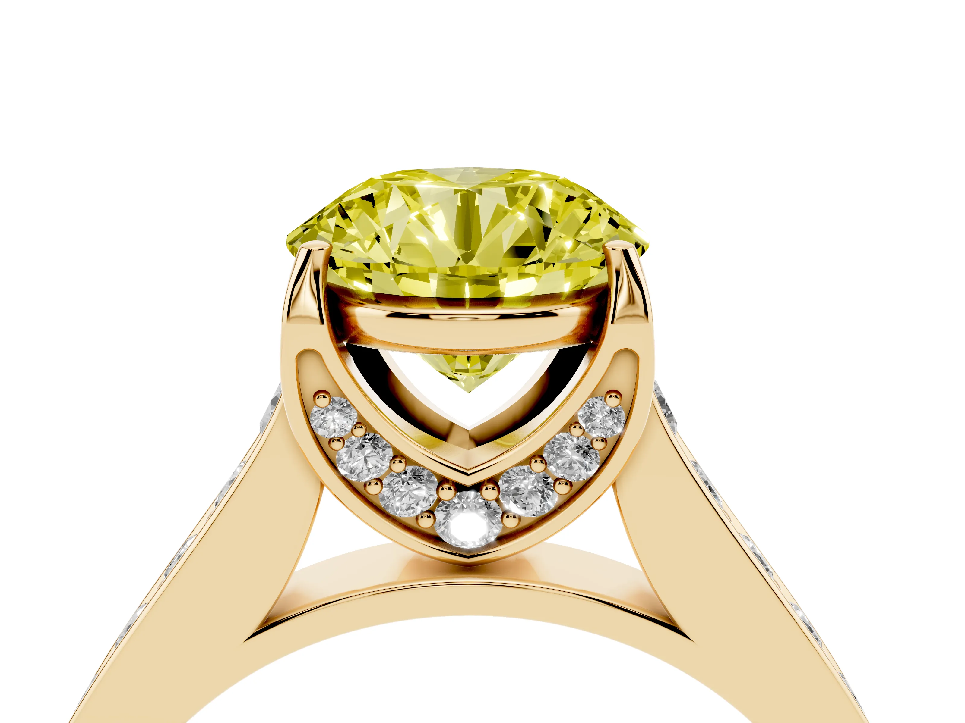 Fancy Yellow Round Cut Diamond Solitaire Pavé Engagement Ring Set in Yellow gold with Prong Setting
