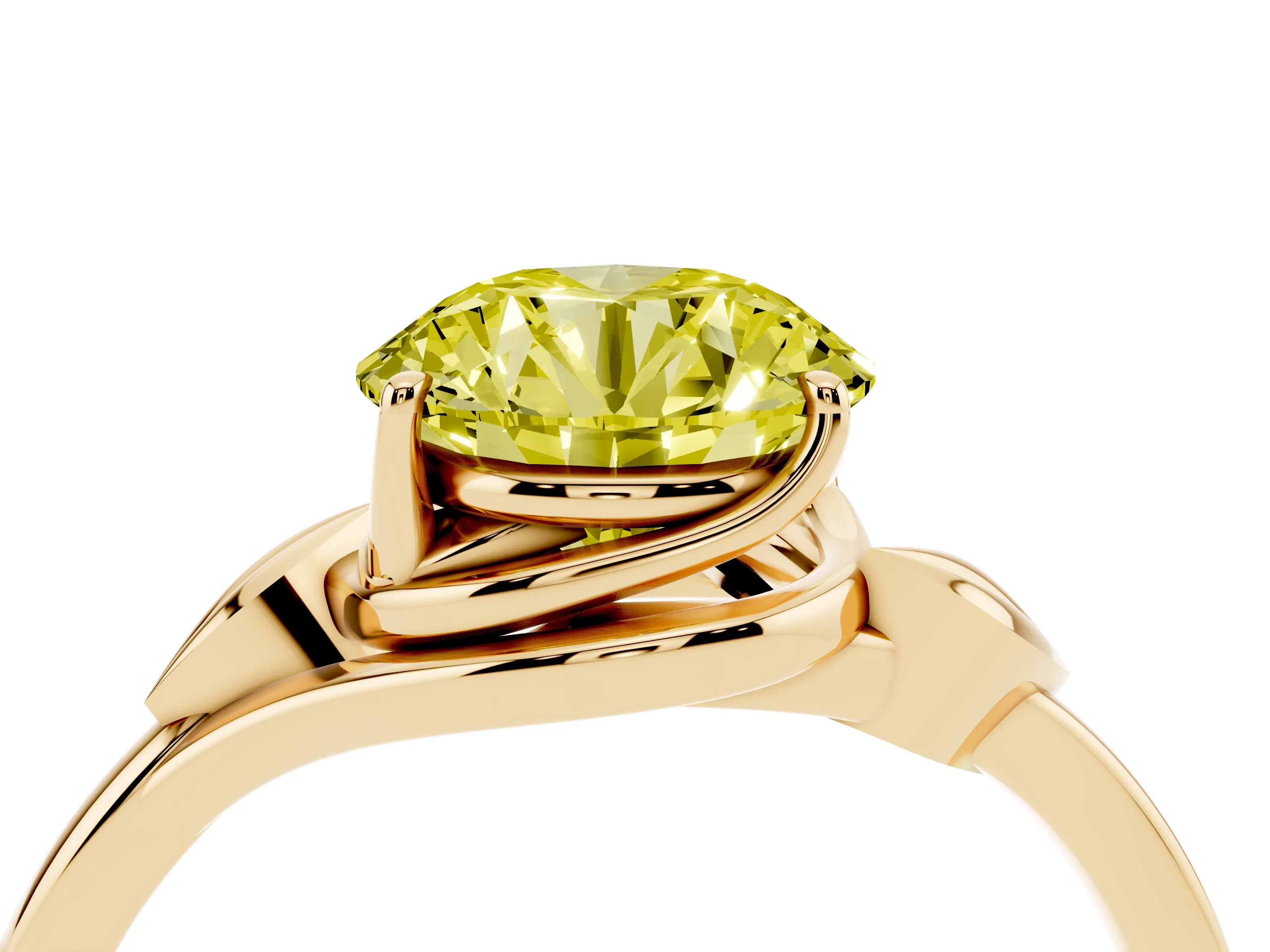 Fancy Yellow Round Cut Diamond Solitaire Ring Set in Yellow gold with Polished Twist Band