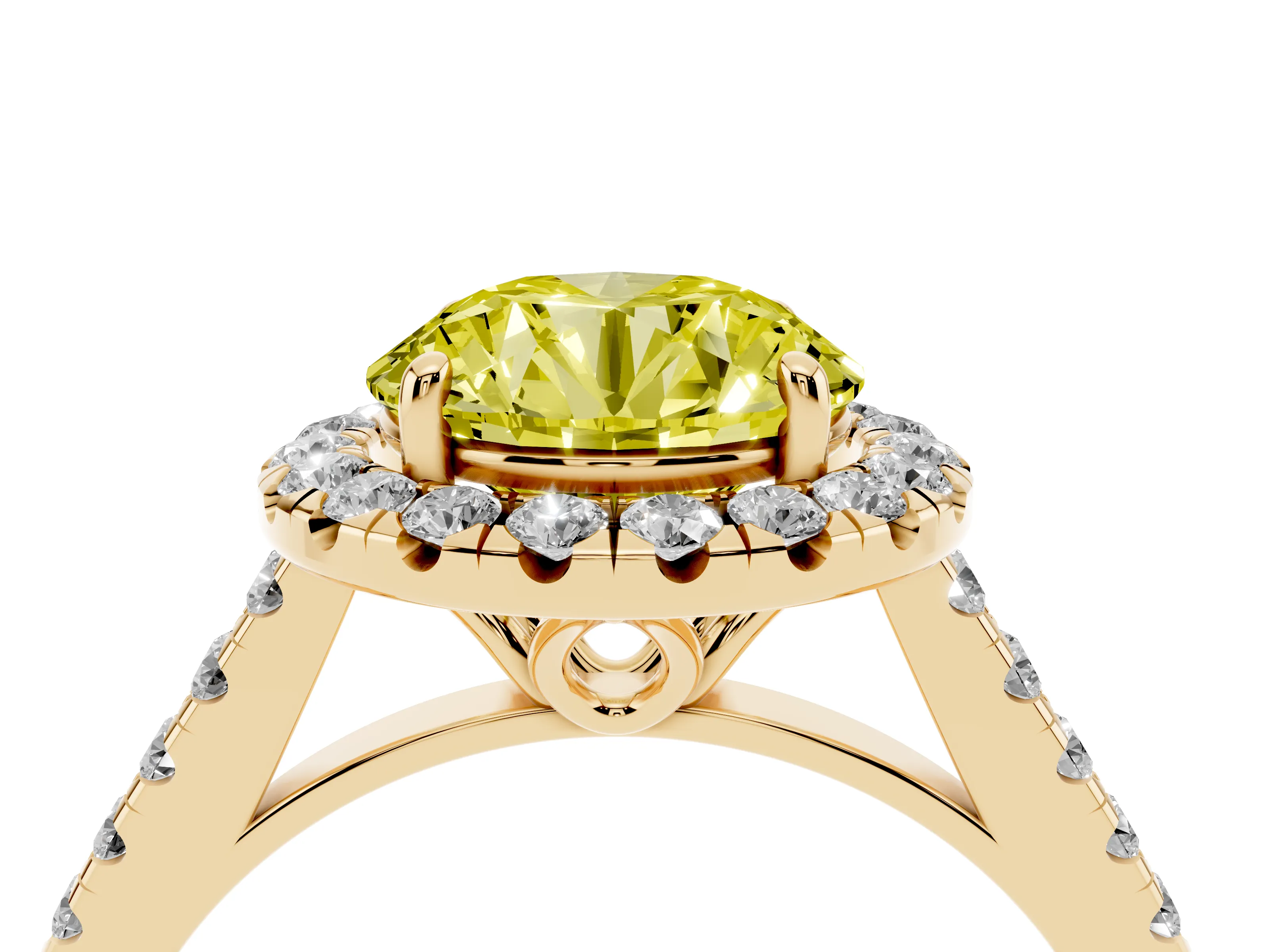 Fancy Yellow Round Cut Diamond Pavé Halo Engagement Ring Set in Yellow gold with Pavé Band and Prong Setting